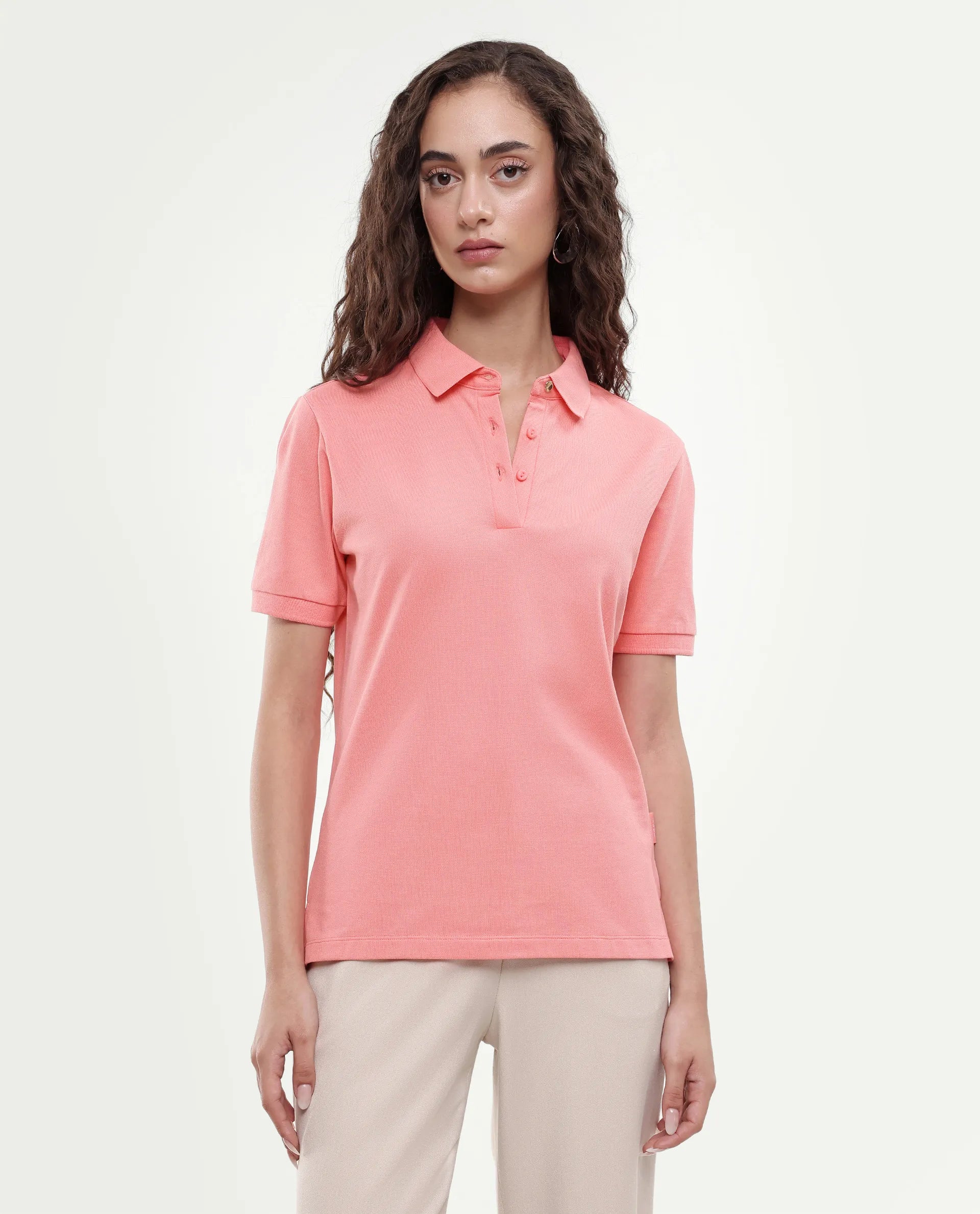 Rareism Women's Basic Rr-Corp-Elane Peach Cotton Blend Collar Regular Plain Polo