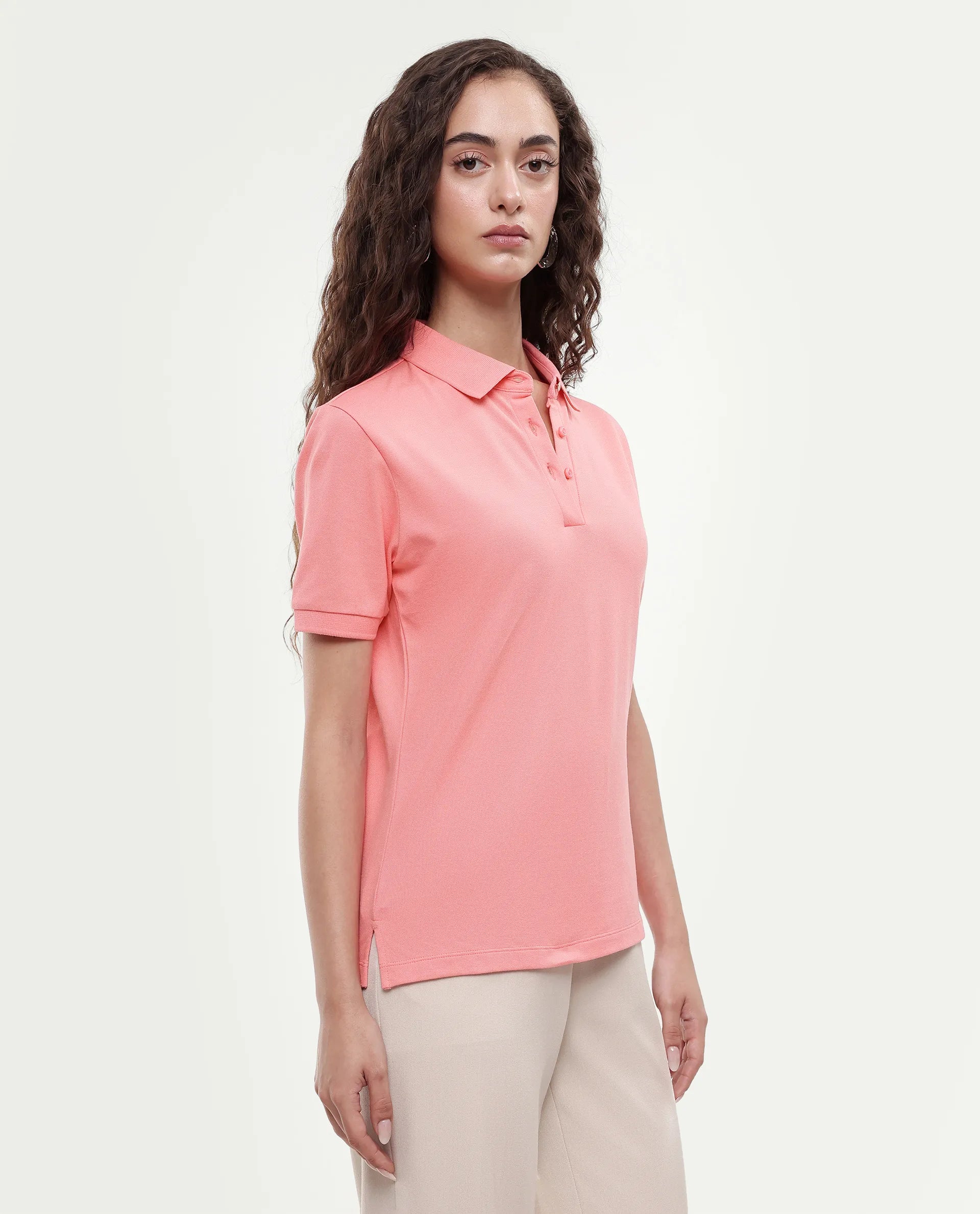 Rareism Women's Basic Rr-Corp-Elane Peach Cotton Blend Collar Regular Plain Polo