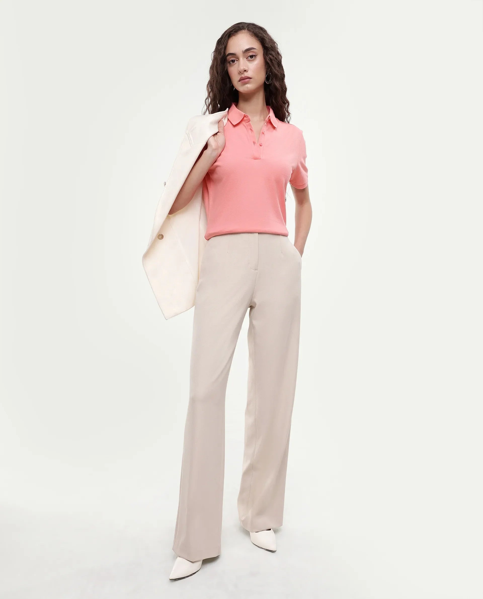Rareism Women's Basic Rr-Corp-Elane Peach Cotton Blend Collar Regular Plain Polo