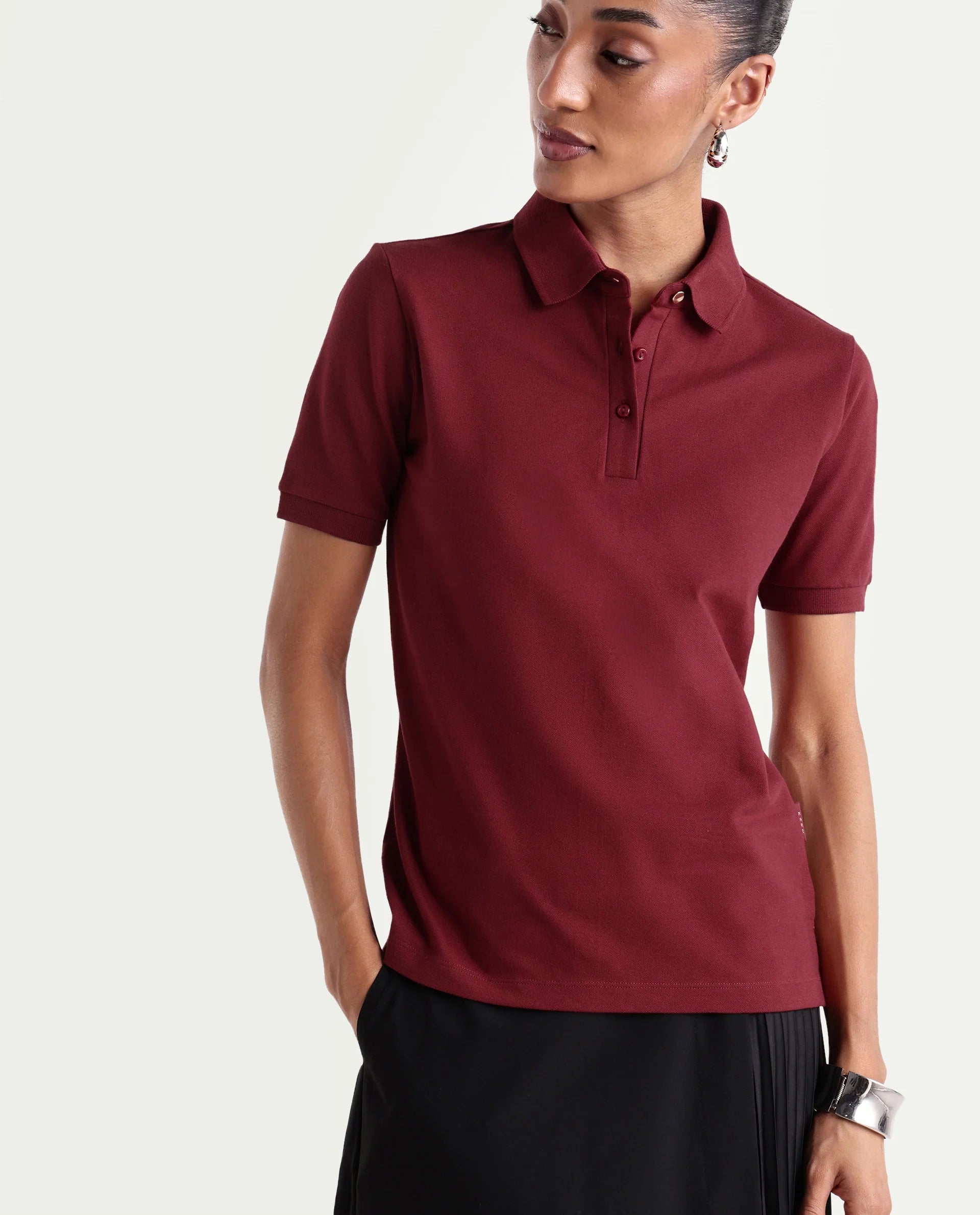 Rareism Women's Basic Rr-Corp-Elane Dark Red Cotton CollaredRegular Plain Polo