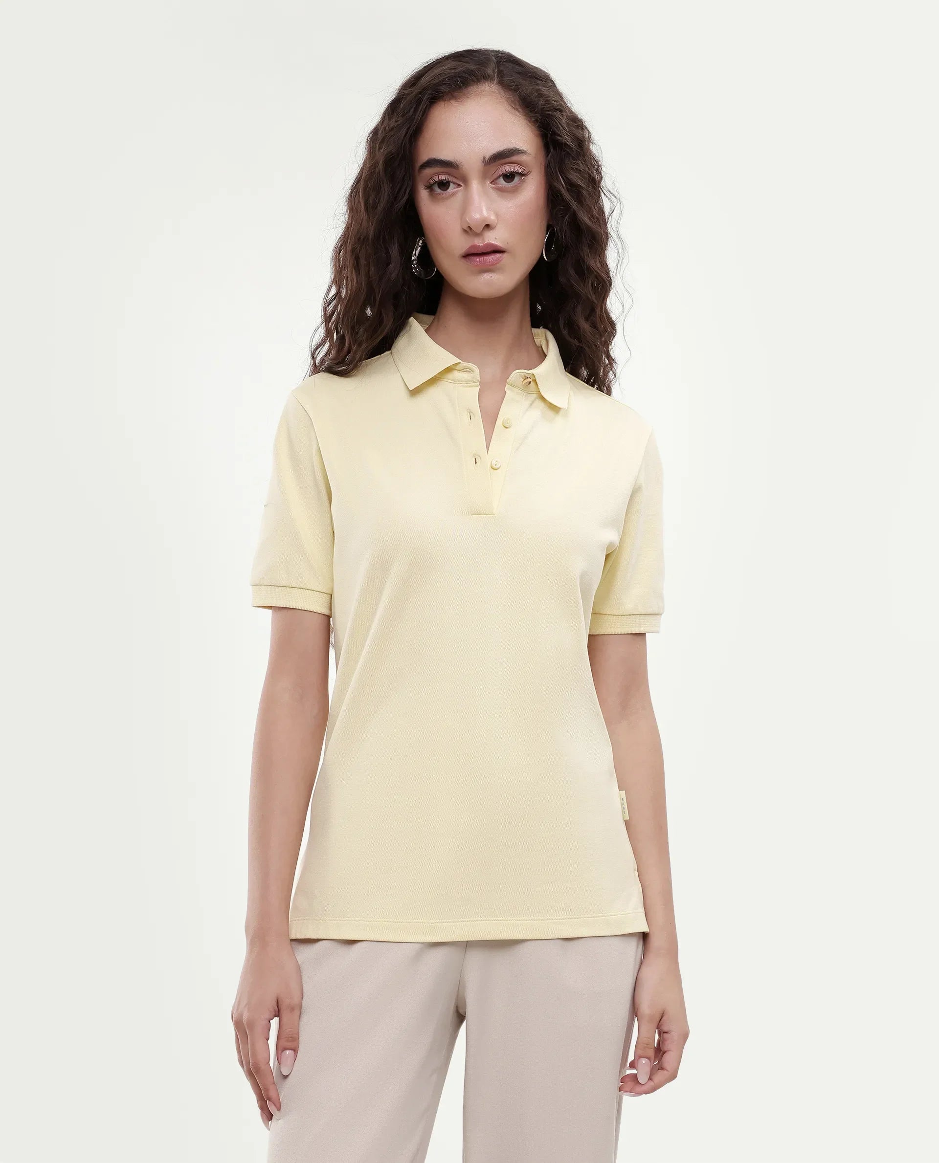 Rareism Women's Basic Rr-Corp-Elane Light Yellow Cotton CollaredRegular Plain Polo
