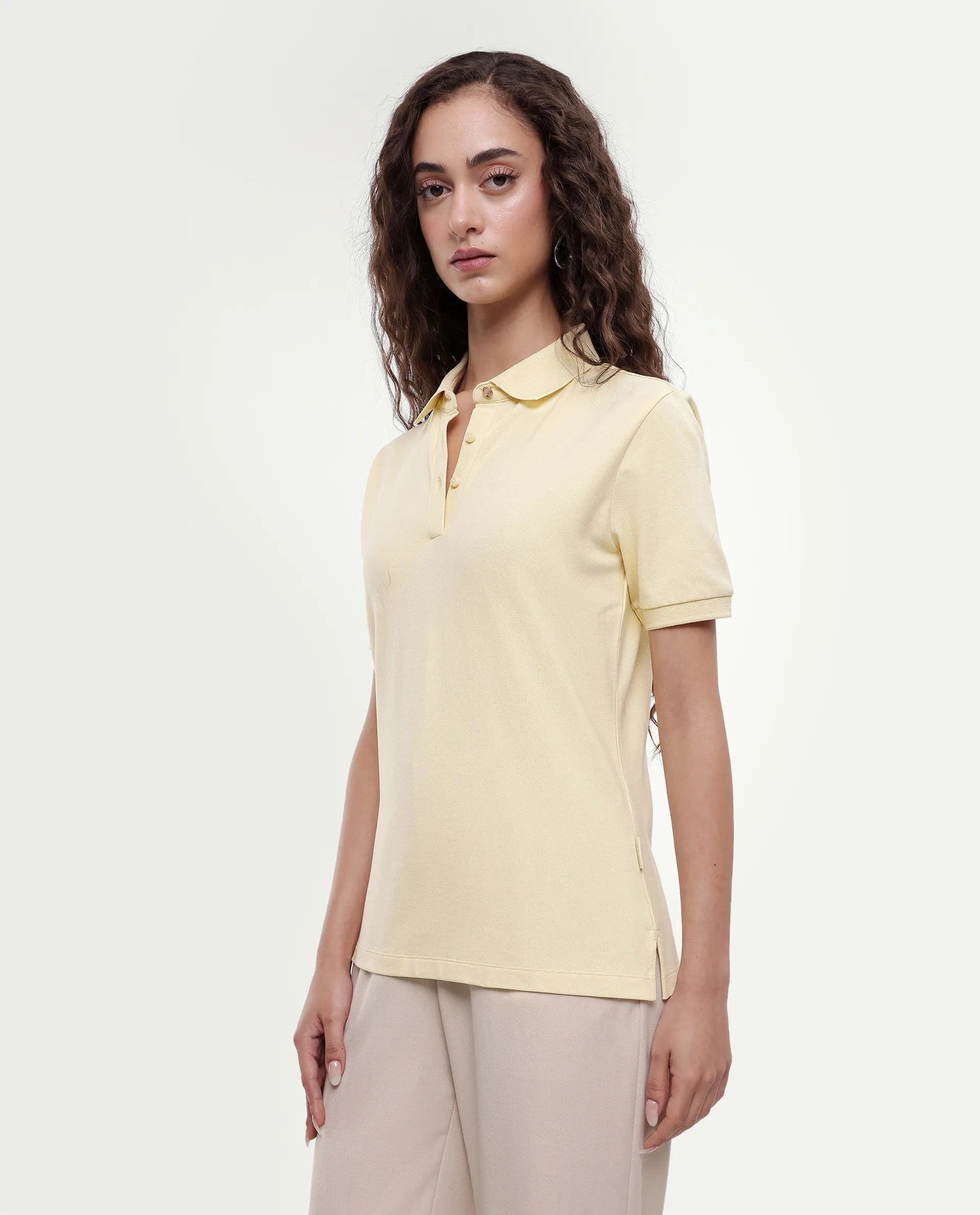 Rareism Women's Basic Rr-Corp-Elane Light Yellow Cotton CollaredRegular Plain Polo