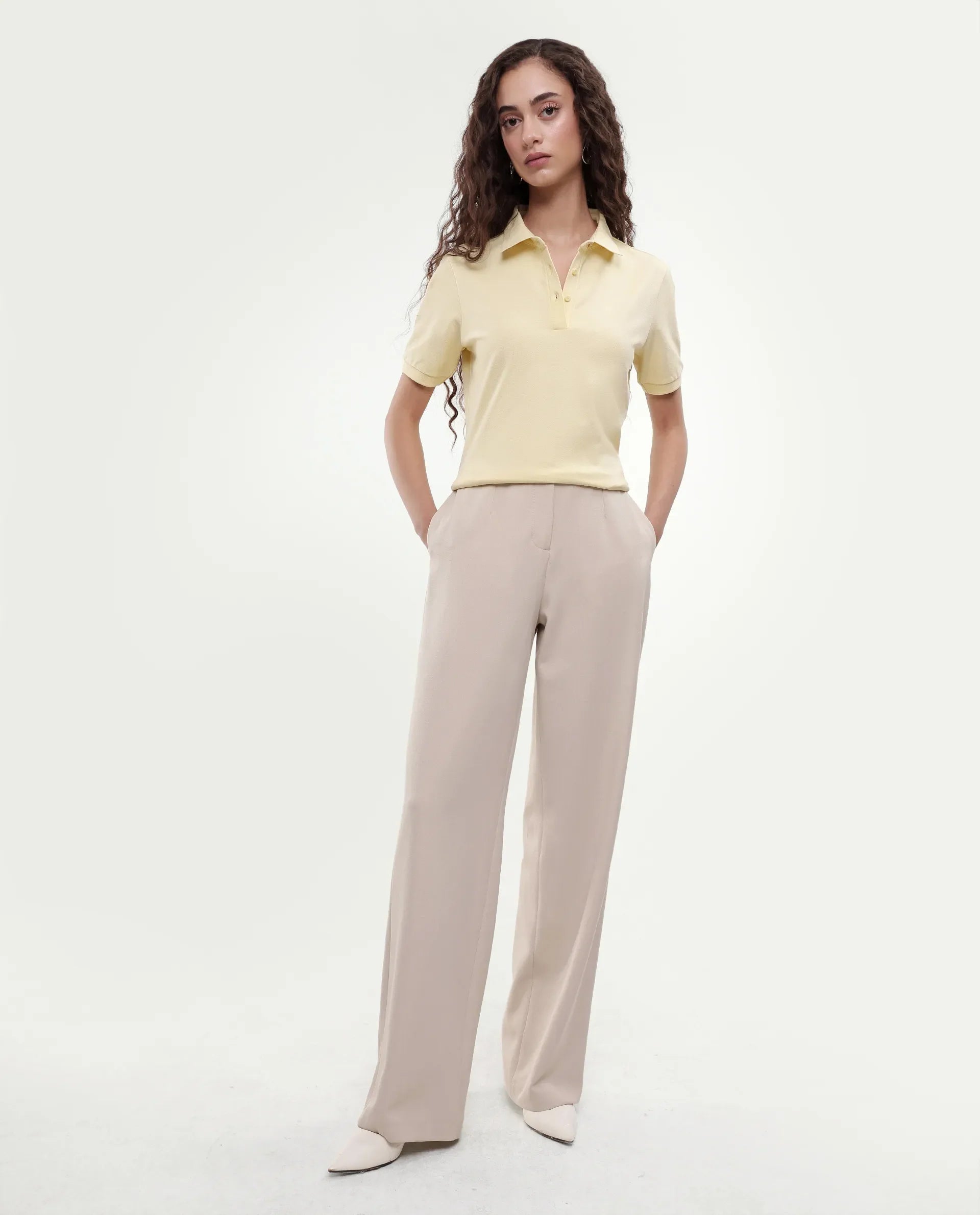 Rareism Women's Basic Rr-Corp-Elane Light Yellow Cotton CollaredRegular Plain Polo