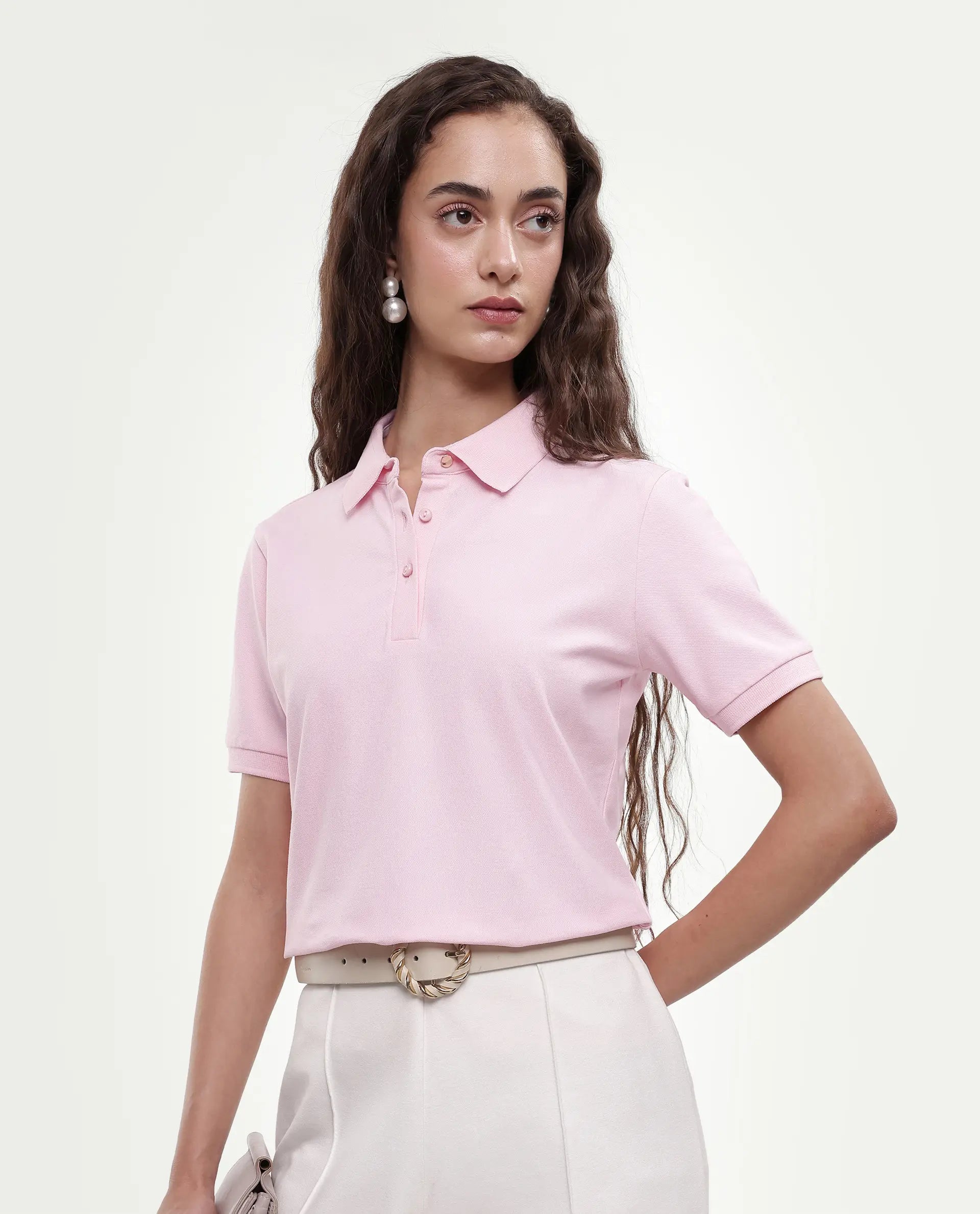 Rareism Women's Basic Rr-Corp-Elane Light Pink Cotton CollaredRegular Plain Polo
