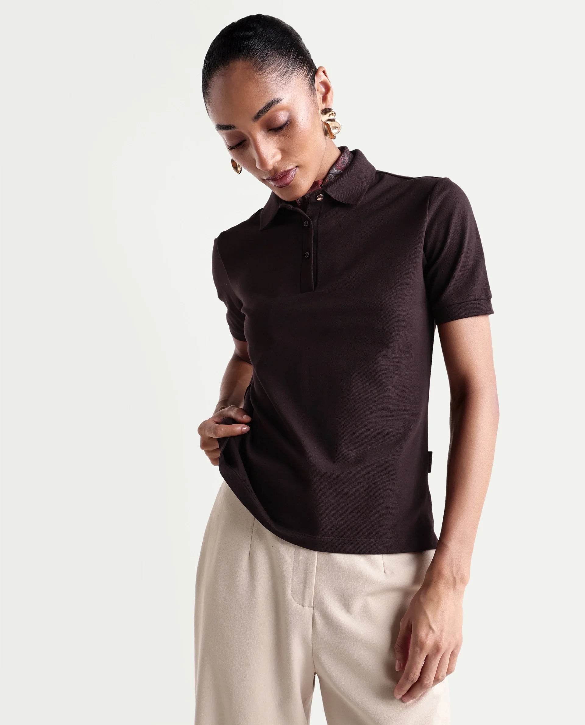 Rareism Women's Basic Rr-Corp-Elane Dark Brown Cotton Blend Collar Regular Plain Polo