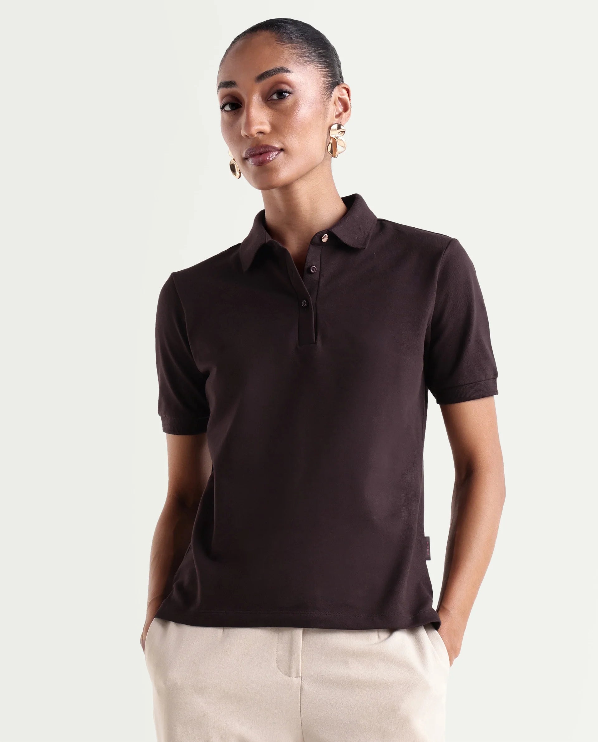 Rareism Women's Basic Rr-Corp-Elane Dark Brown Cotton Blend Collar Regular Plain Polo