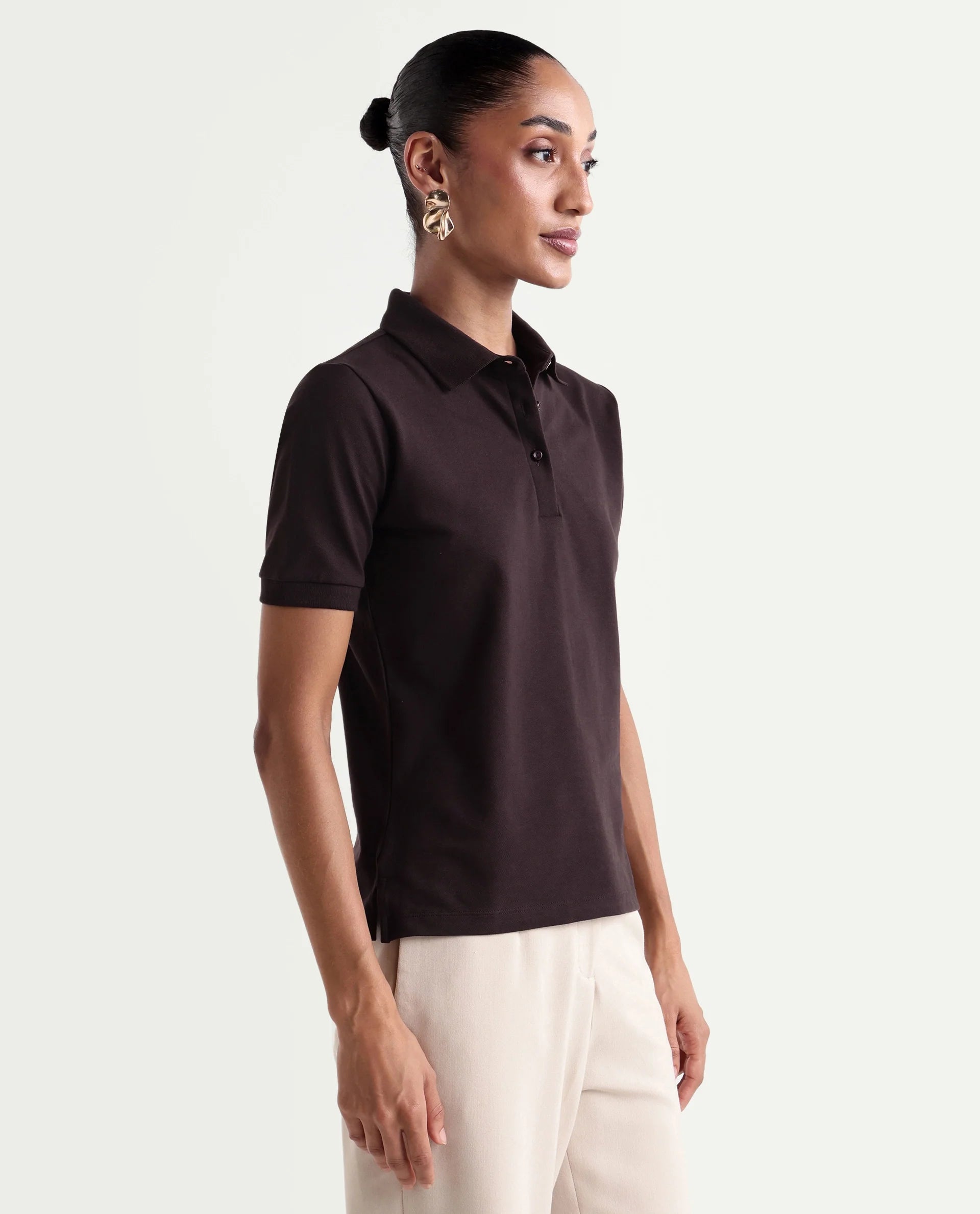 Rareism Women's Basic Rr-Corp-Elane Dark Brown Cotton Blend Collar Regular Plain Polo