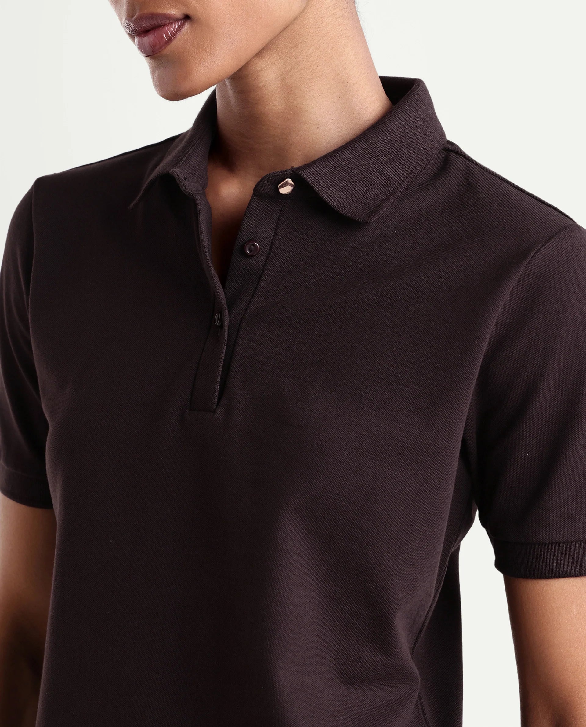 Rareism Women's Basic Rr-Corp-Elane Dark Brown Cotton Blend Collar Regular Plain Polo