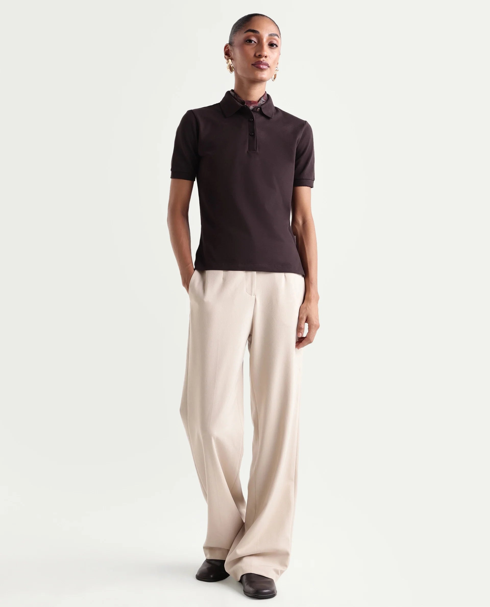Rareism Women's Basic Rr-Corp-Elane Dark Brown Cotton Blend Collar Regular Plain Polo