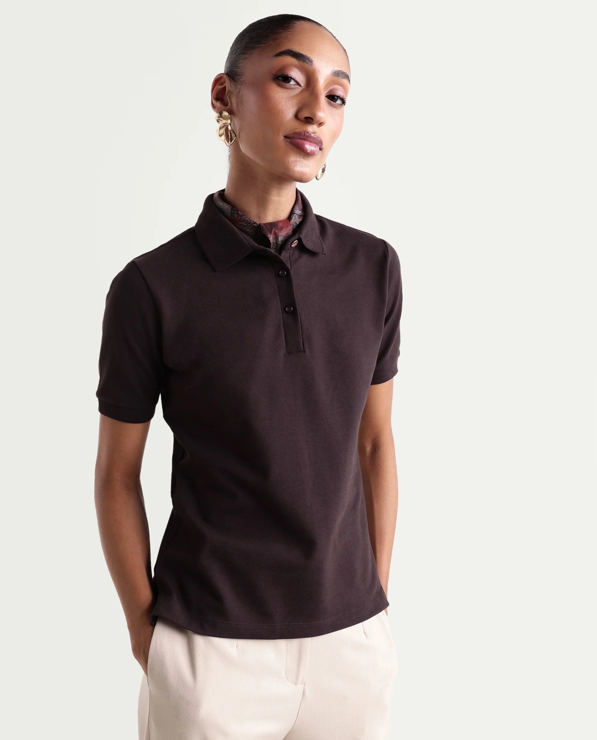 Rareism Women's Basic Rr-Corp-Elane Dark Brown Cotton Blend Collar Regular Plain Polo