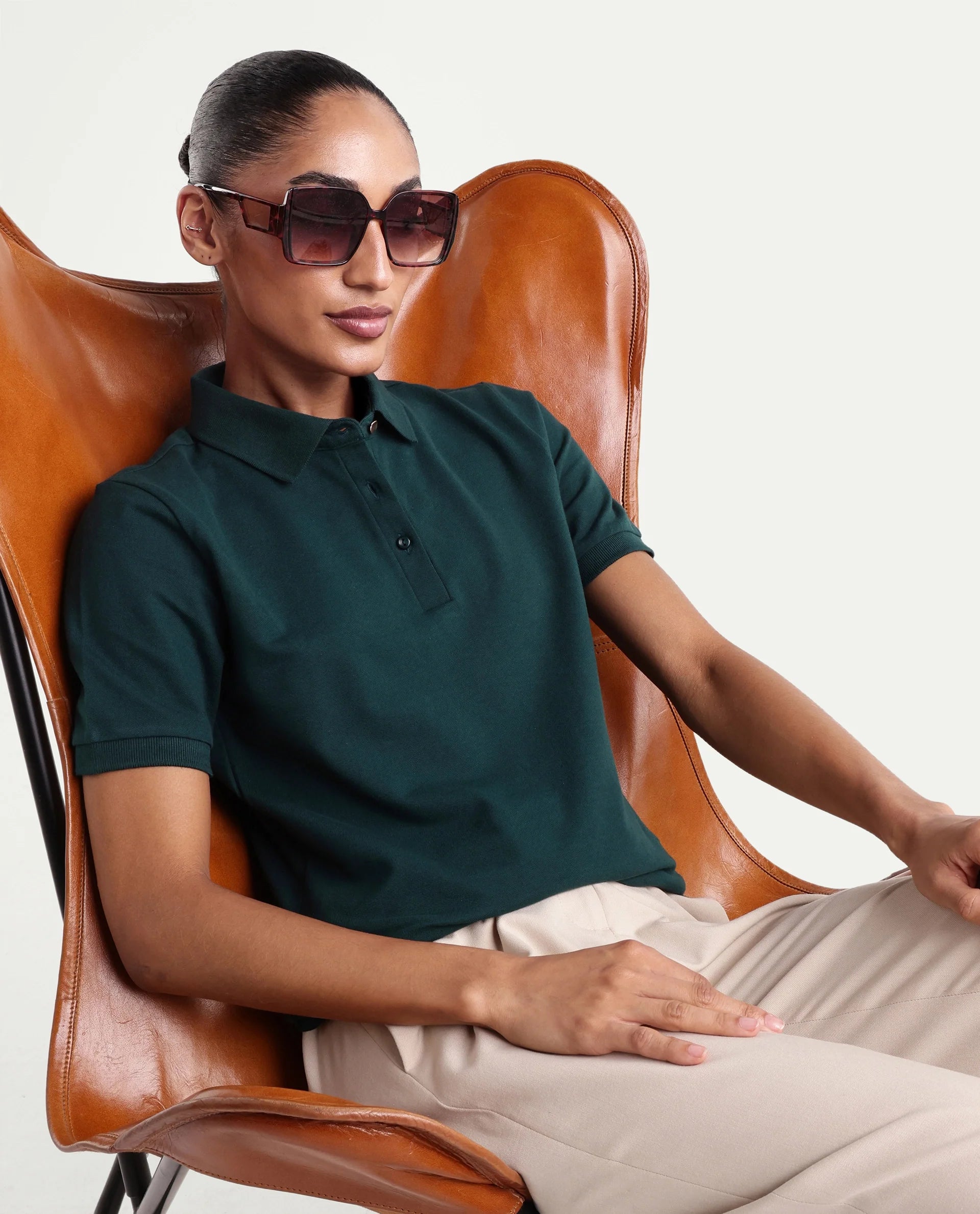 Rareism Women's Basic Rr-Corp-Elane Dark Green Cotton CollaredRegular Plain Polo
