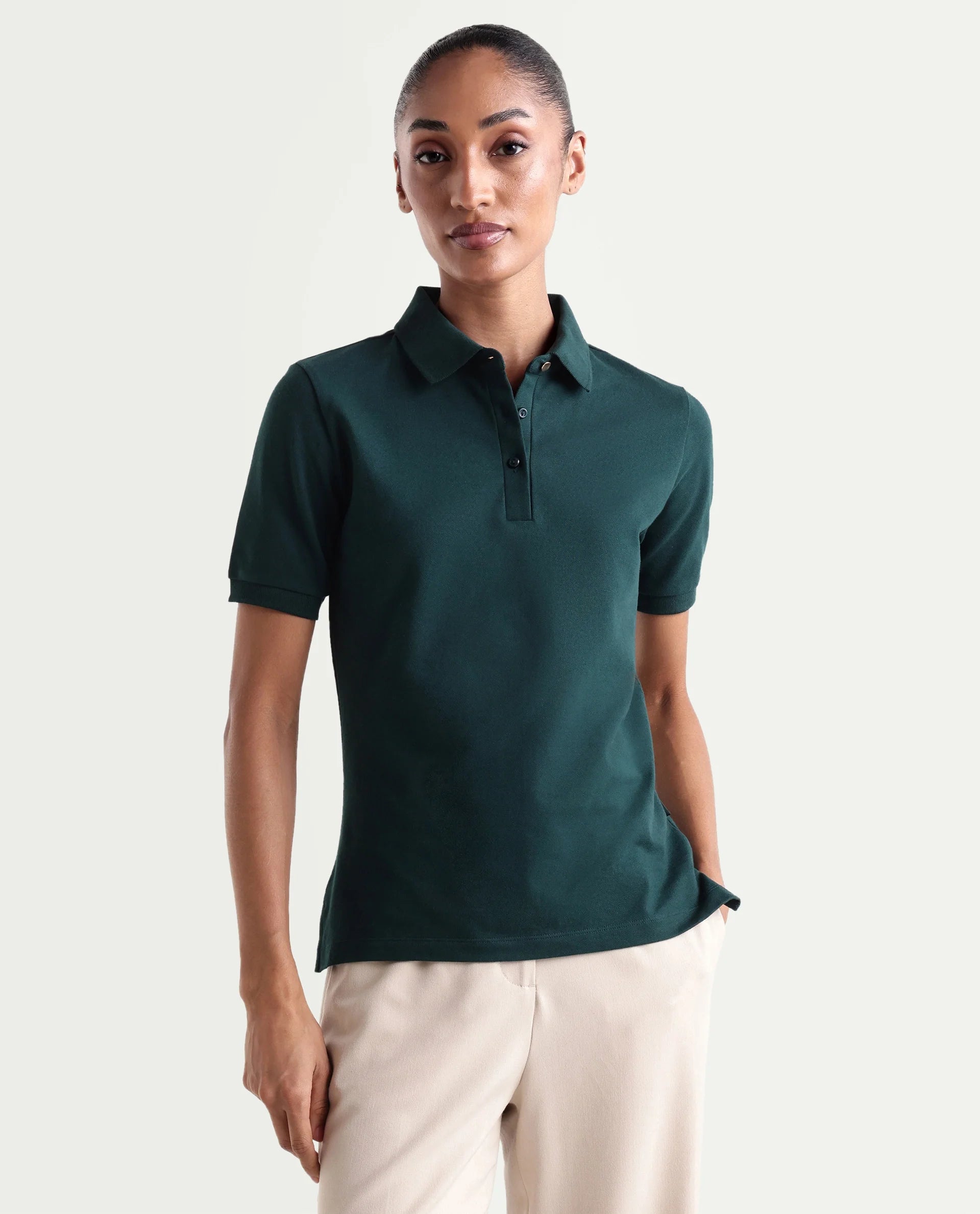 Rareism Women's Basic Rr-Corp-Elane Dark Green Cotton CollaredRegular Plain Polo