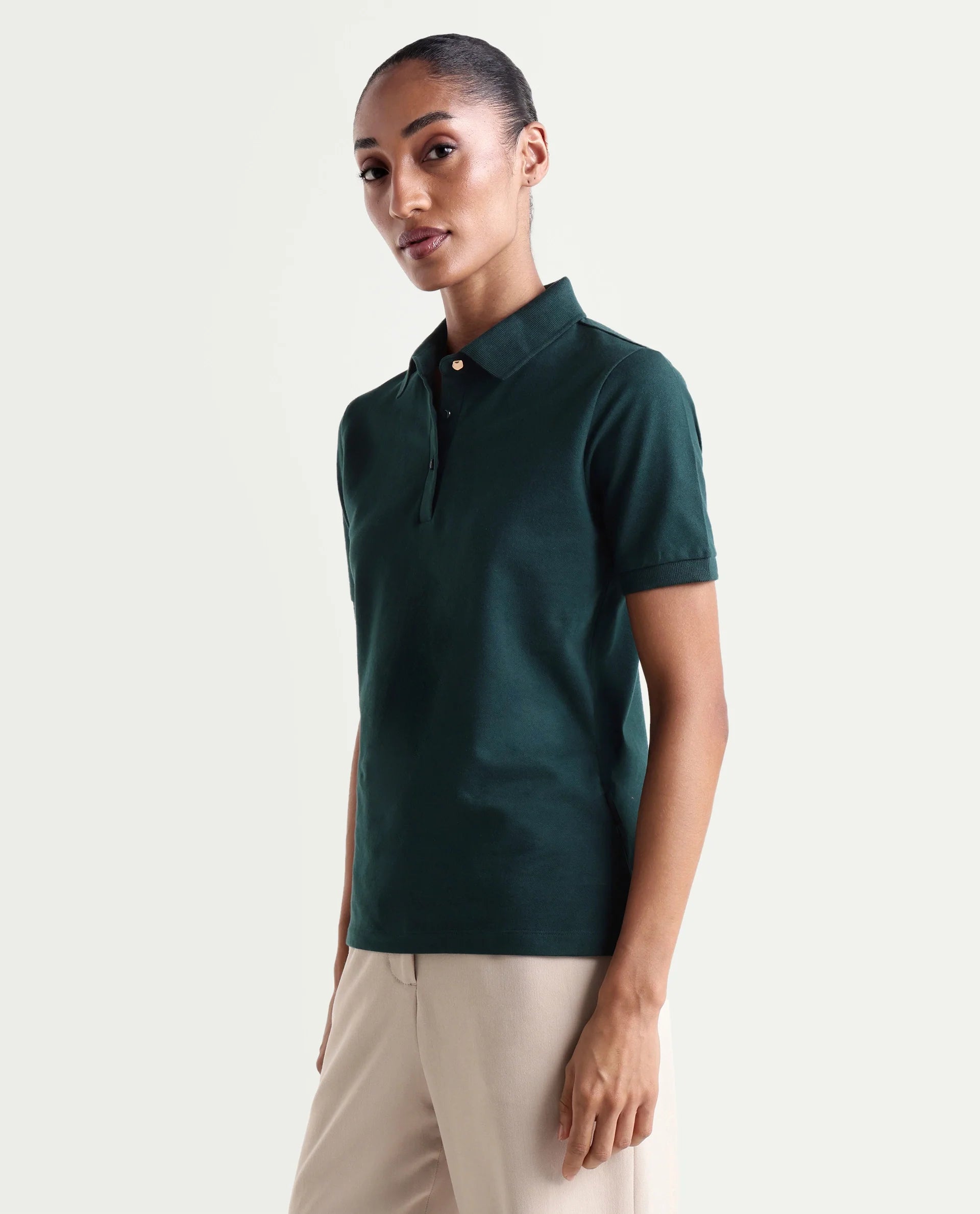 Rareism Women's Basic Rr-Corp-Elane Dark Green Cotton CollaredRegular Plain Polo