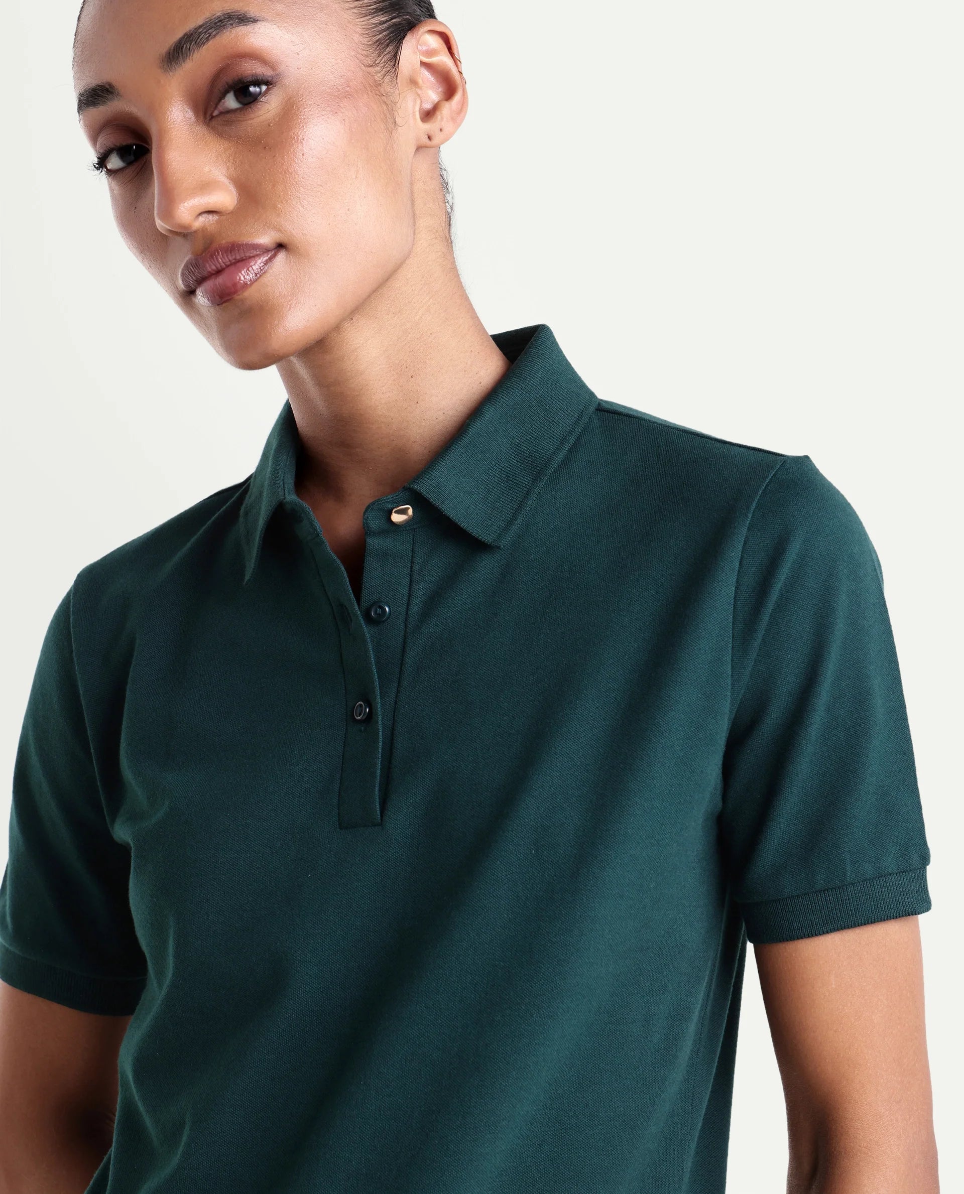 Rareism Women's Basic Rr-Corp-Elane Dark Green Cotton CollaredRegular Plain Polo