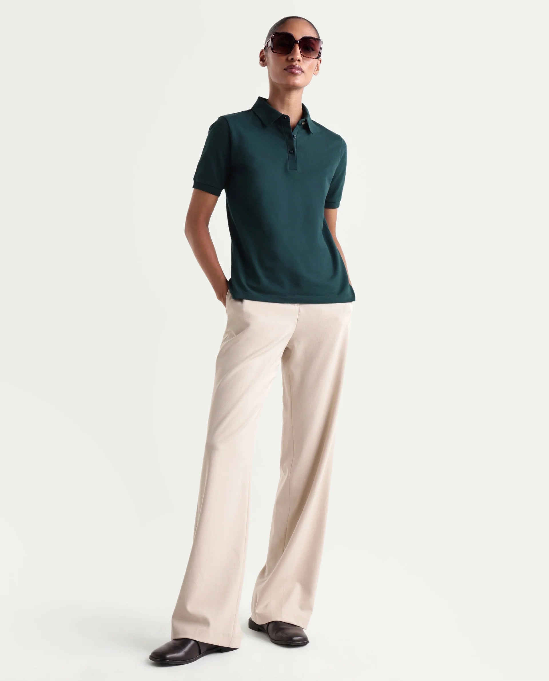 Rareism Women's Basic Rr-Corp-Elane Dark Green Cotton CollaredRegular Plain Polo