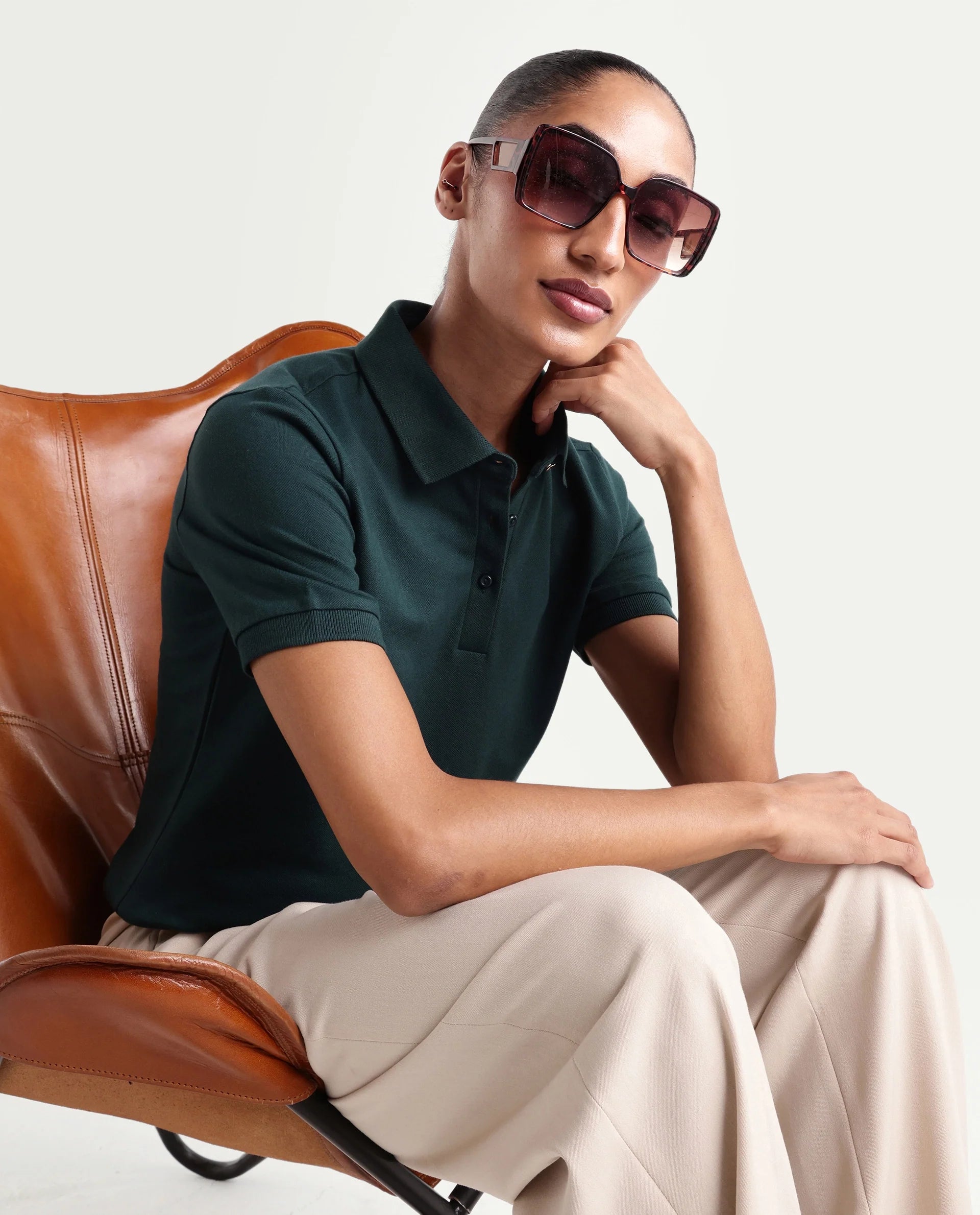 Rareism Women's Basic Rr-Corp-Elane Dark Green Cotton CollaredRegular Plain Polo