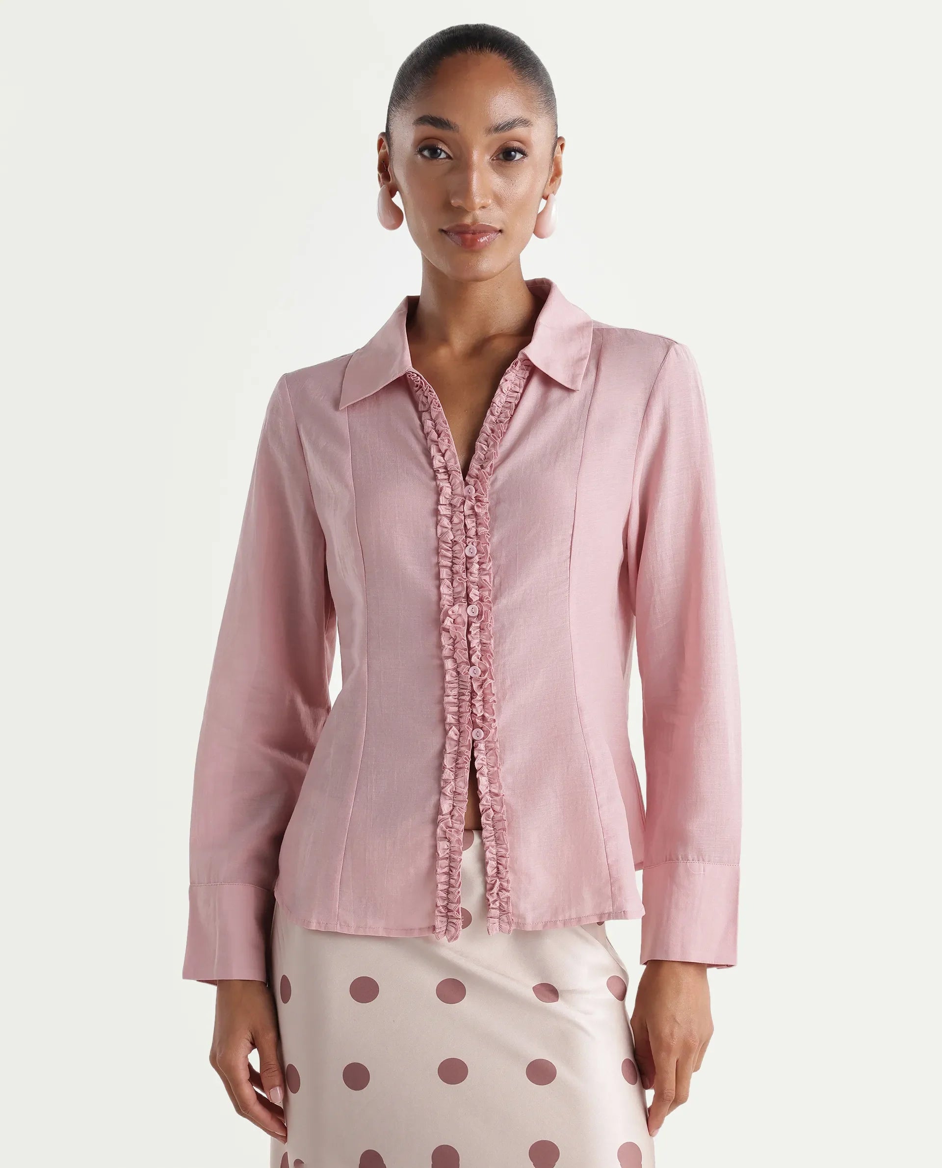 Rareism Women's Rucon Dusky Pink Nylon Blend Johnny Collar Regular Plain Shirt