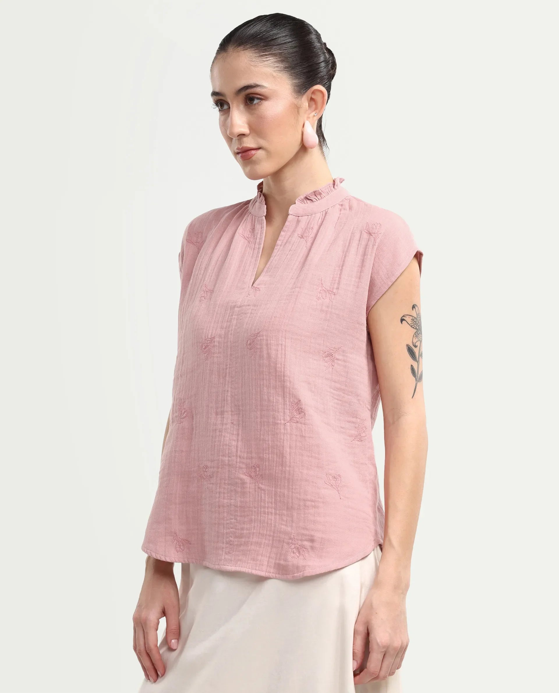 Rareism Women's Rudub Dusky Pink Cotton Ruffled Neck Regular Plain Top