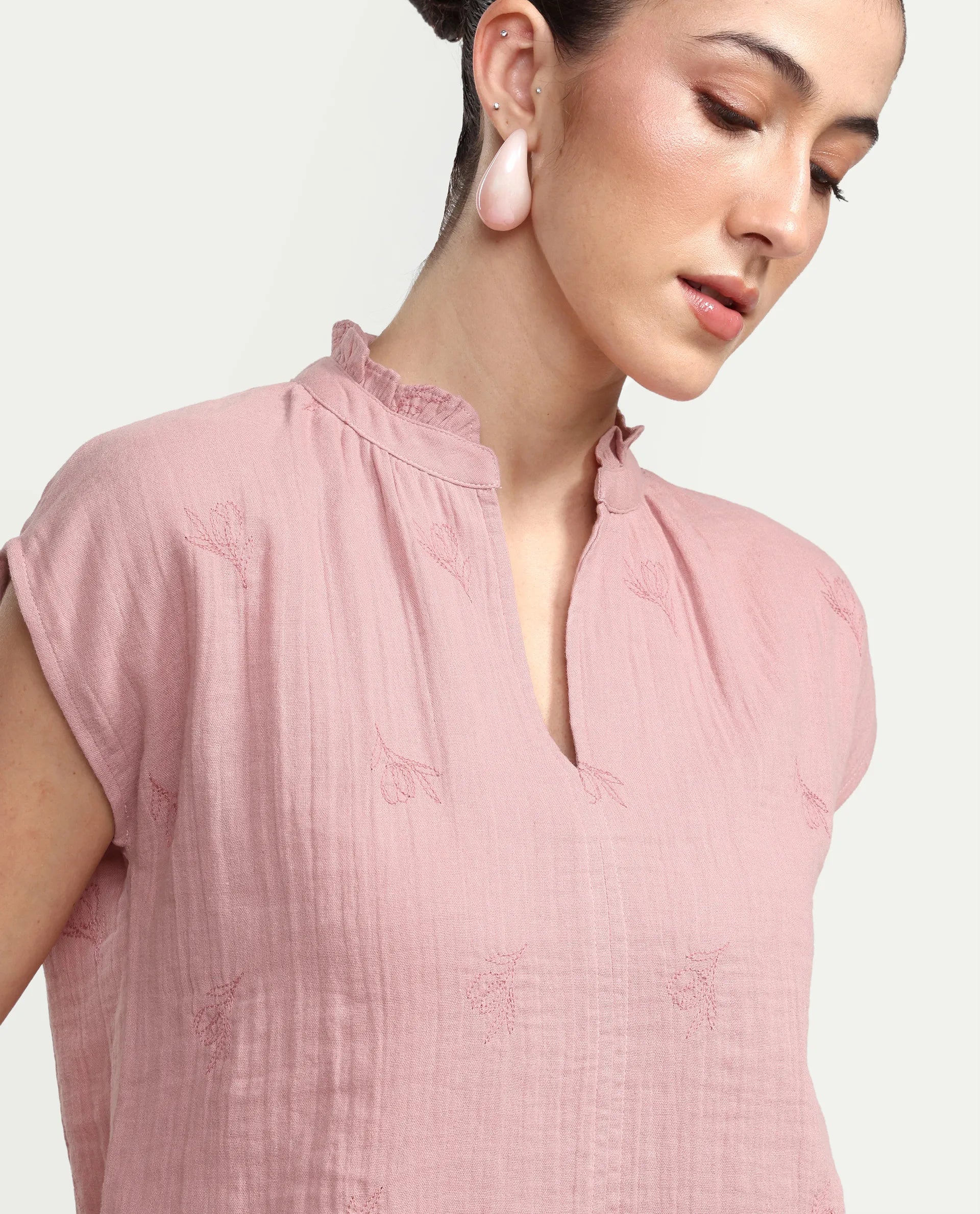 Rareism Women's Rudub Dusky Pink Cotton Ruffled Neck Regular Plain Top