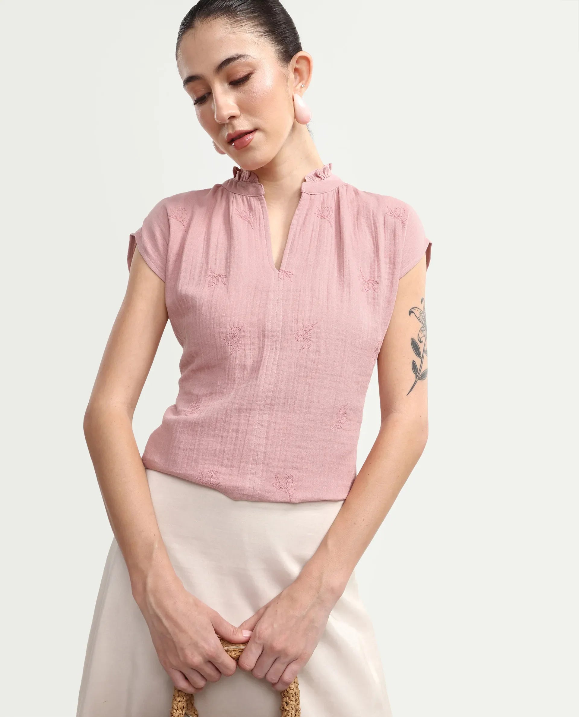 Rareism Women's Rudub Dusky Pink Cotton Ruffled Neck Regular Plain Top