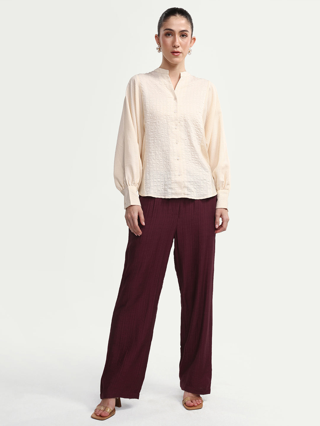 Rareism Women's Dano-B Maroon Viscose Blend Drawstring Wide Plain Trouser
