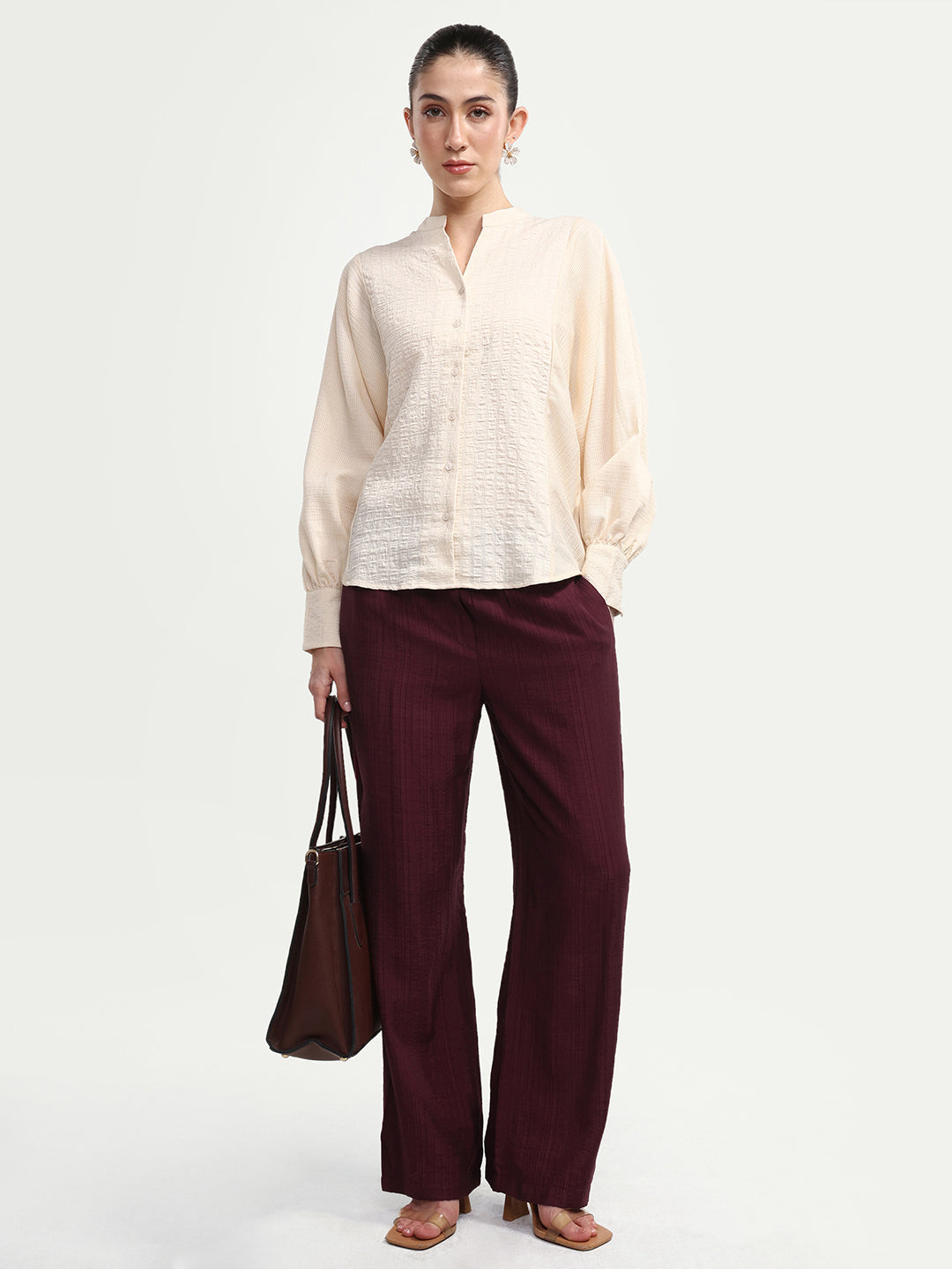 Rareism Women's Dano-B Maroon Viscose Blend Drawstring Wide Plain Trouser