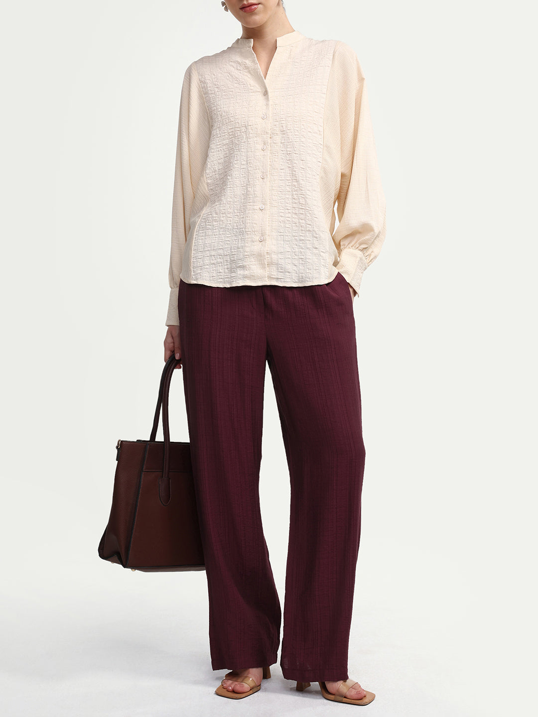 Rareism Women's Dano-B Maroon Viscose Blend Drawstring Wide Plain Trouser