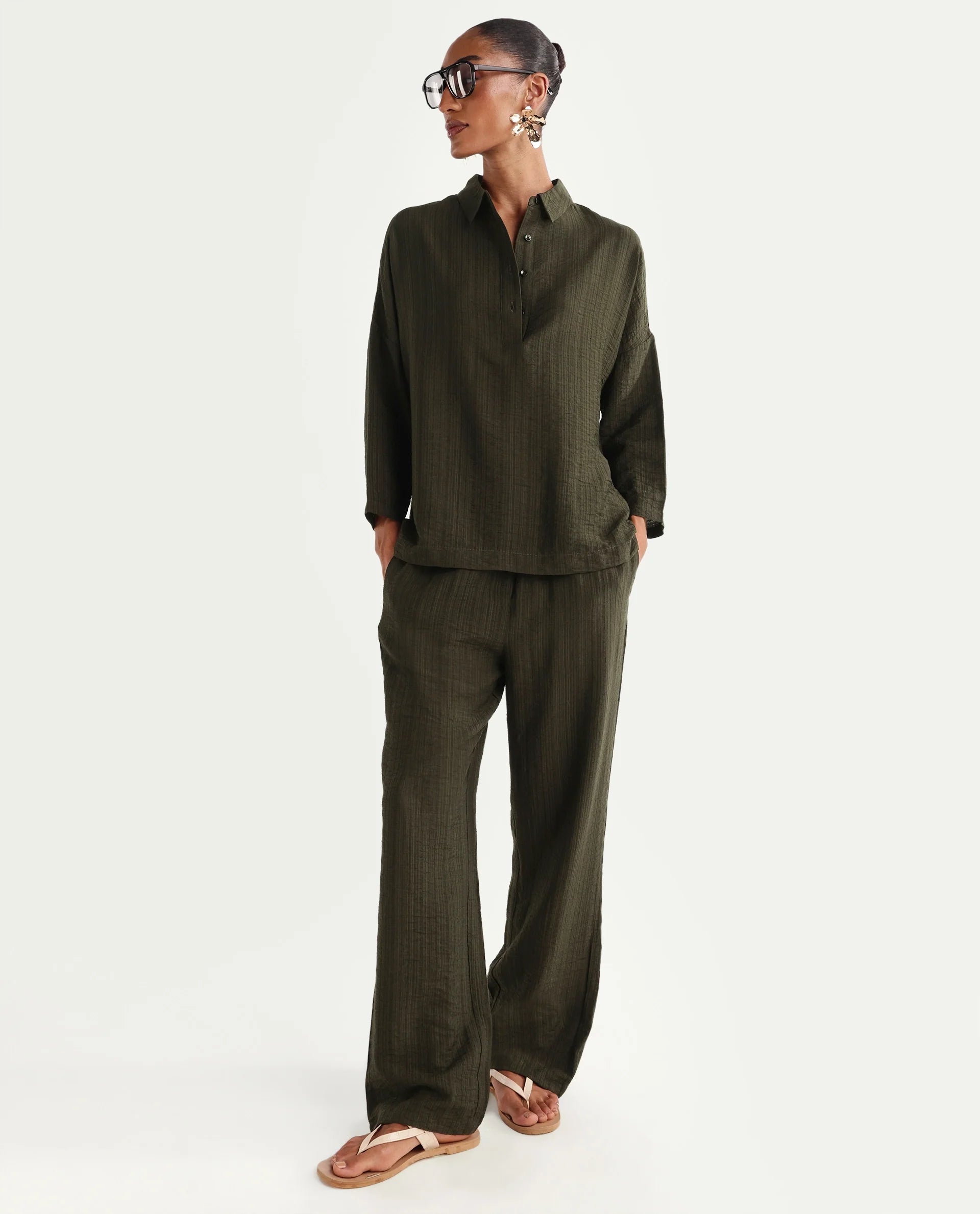 Rareism Women's Dano-B Olive Viscose Blend Drawstring Wide Plain Trouser
