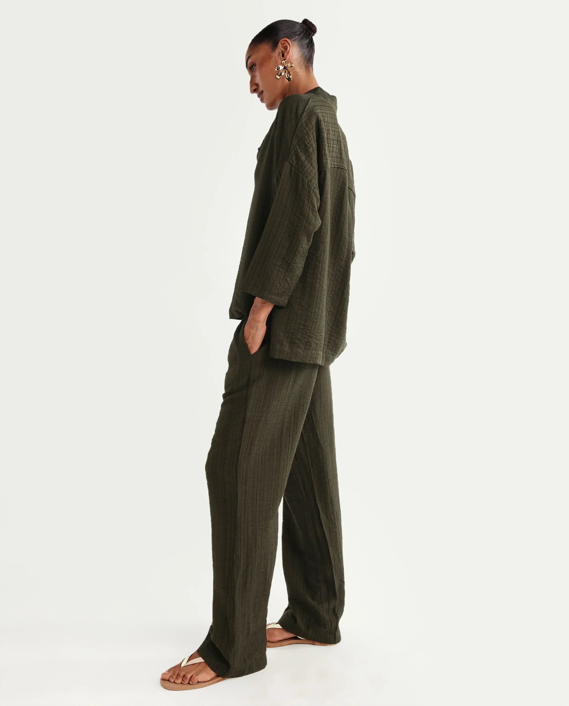 Rareism Women's Dano-B Olive Viscose Blend Drawstring Wide Plain Trouser