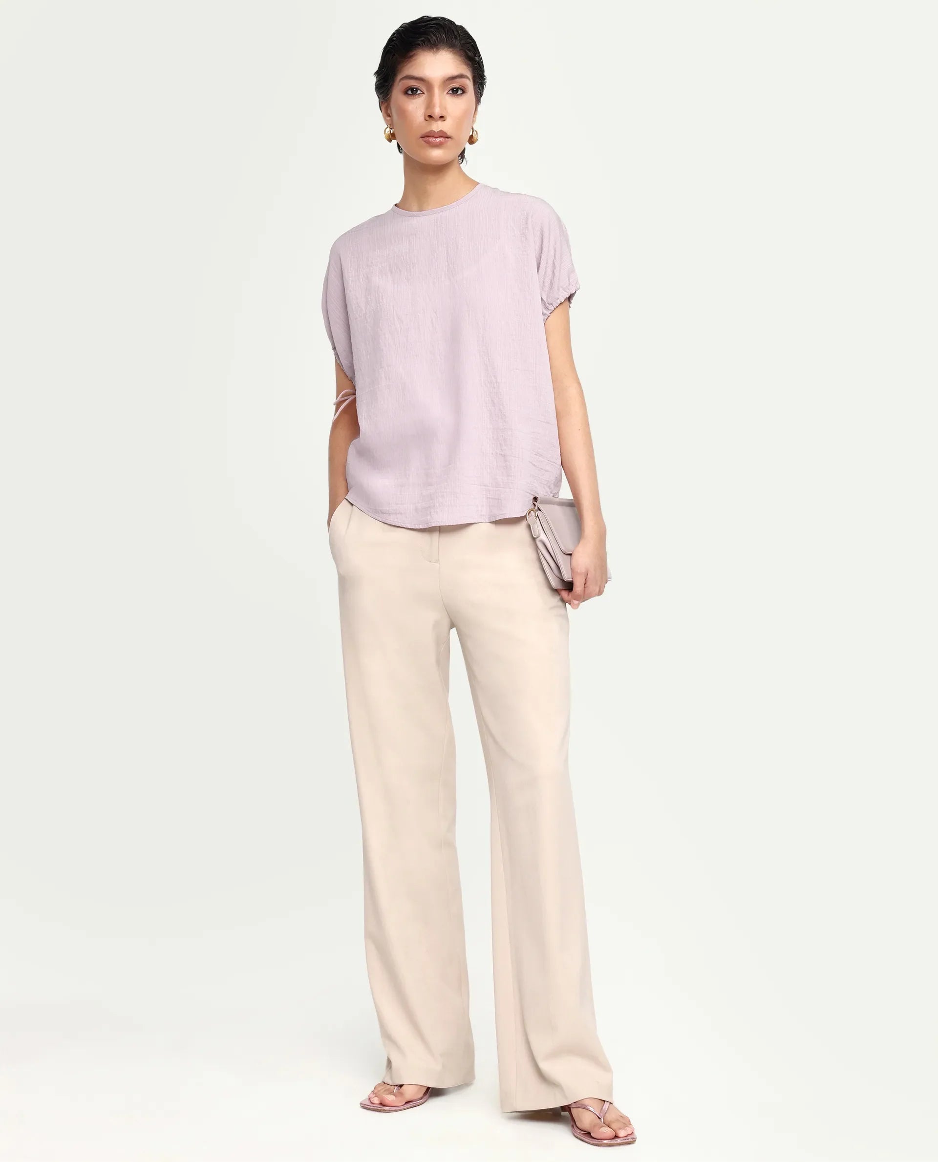 Rareism Women's Deno Dusky Pink Viscose Blend Crew Neck Button Regular Plain Top
