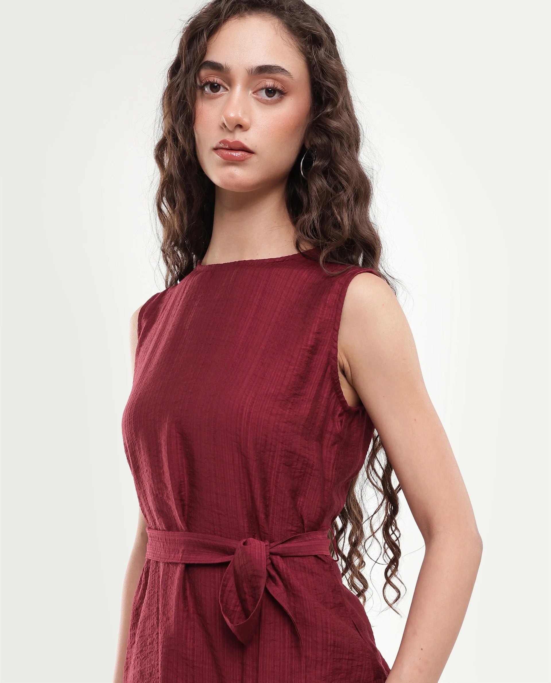 Rareism Women's Deya Maroon Viscose Blend Crew Neck Button And Zip Regular Plain Top