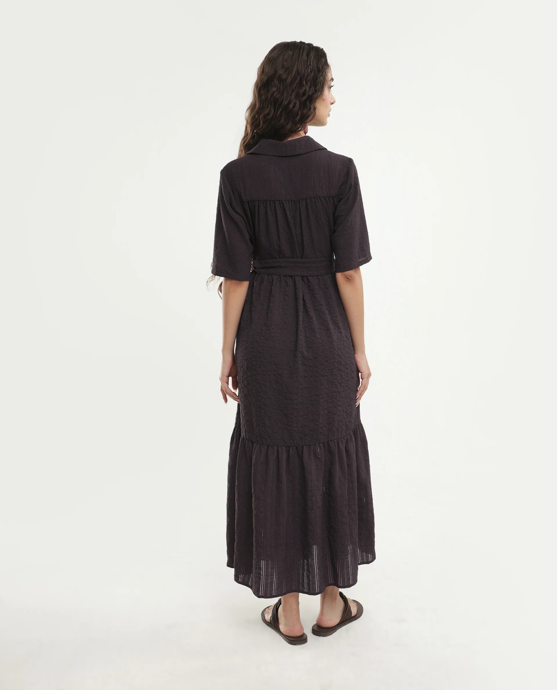 Rareism Women's Dilan Brown Viscose Blend Jonny Collar Pull-On Fit And Flare Plain Dress