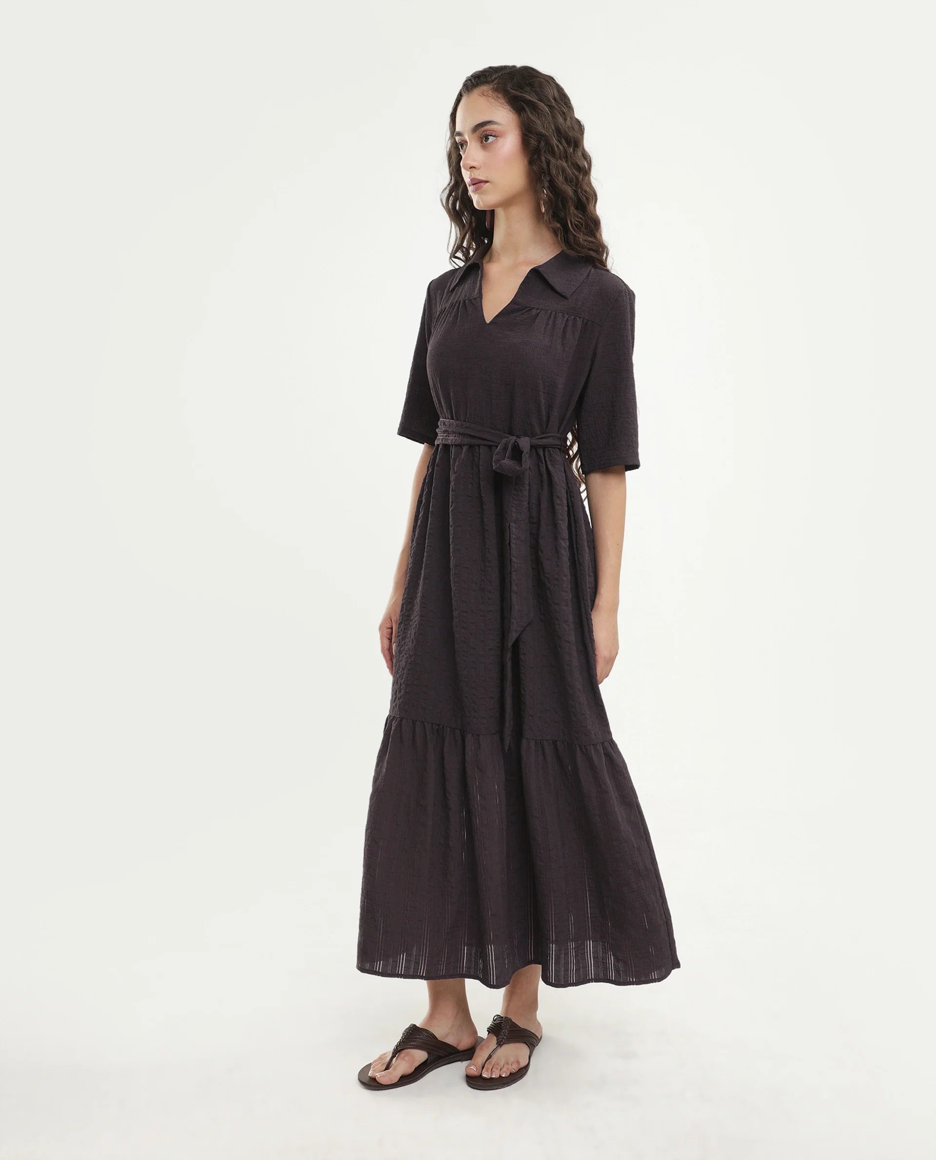 Rareism Women's Dilan Brown Viscose Blend Jonny Collar Pull-On Fit And Flare Plain Dress