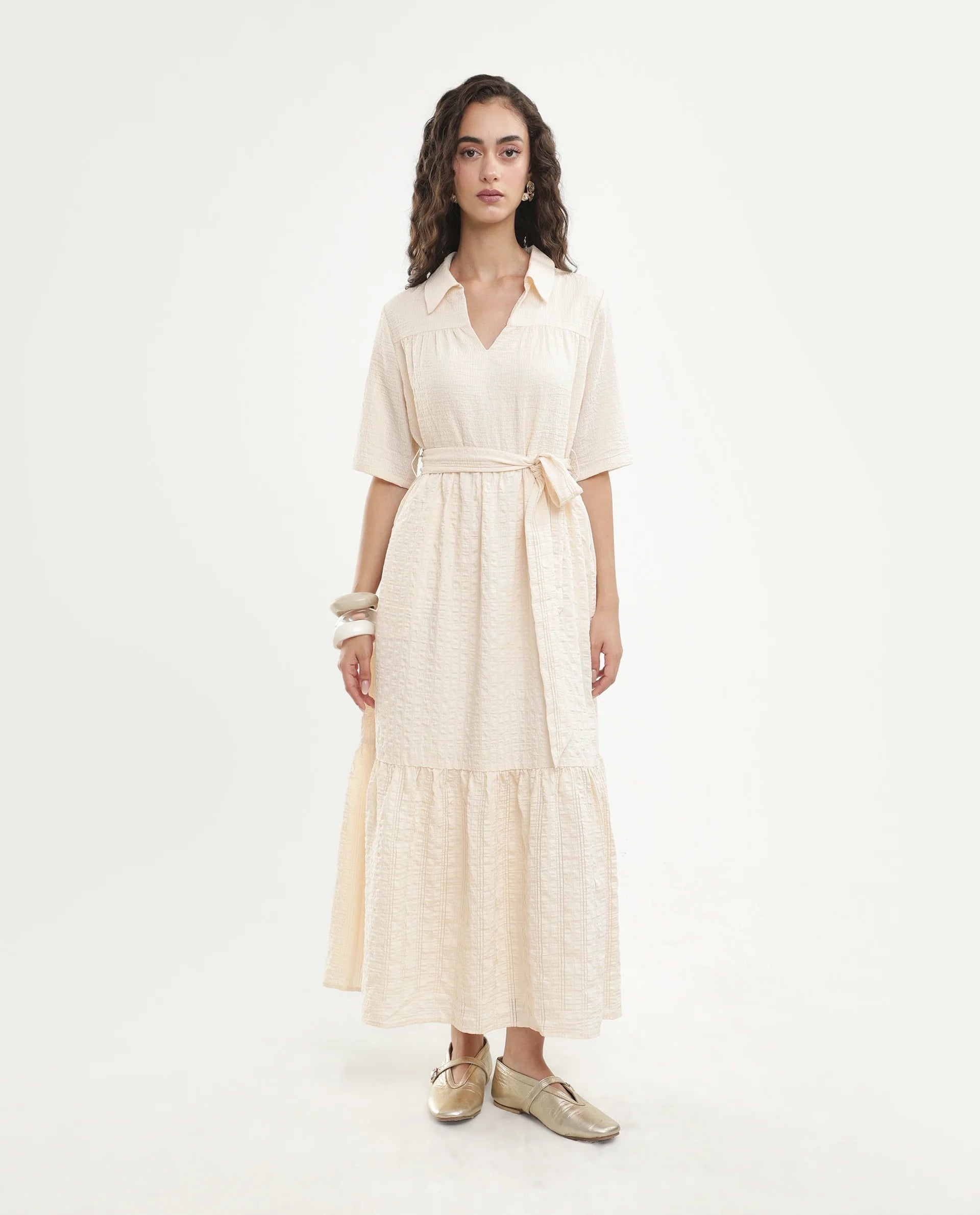 Rareism Women's Dilan Off White Viscose Blend Jonny Collar Pull-On Fit And Flare Plain Dress