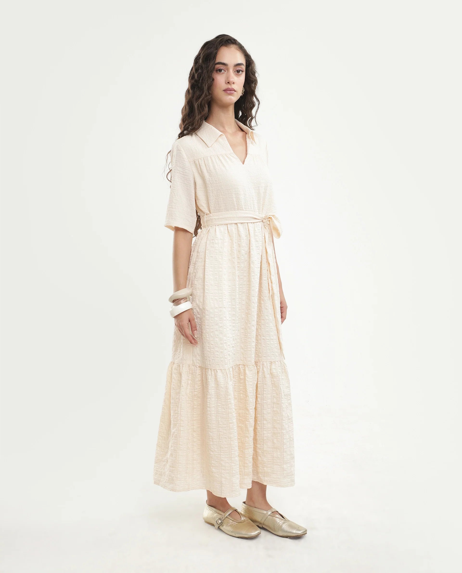 Rareism Women's Dilan Off White Viscose Blend Jonny Collar Pull-On Fit And Flare Plain Dress