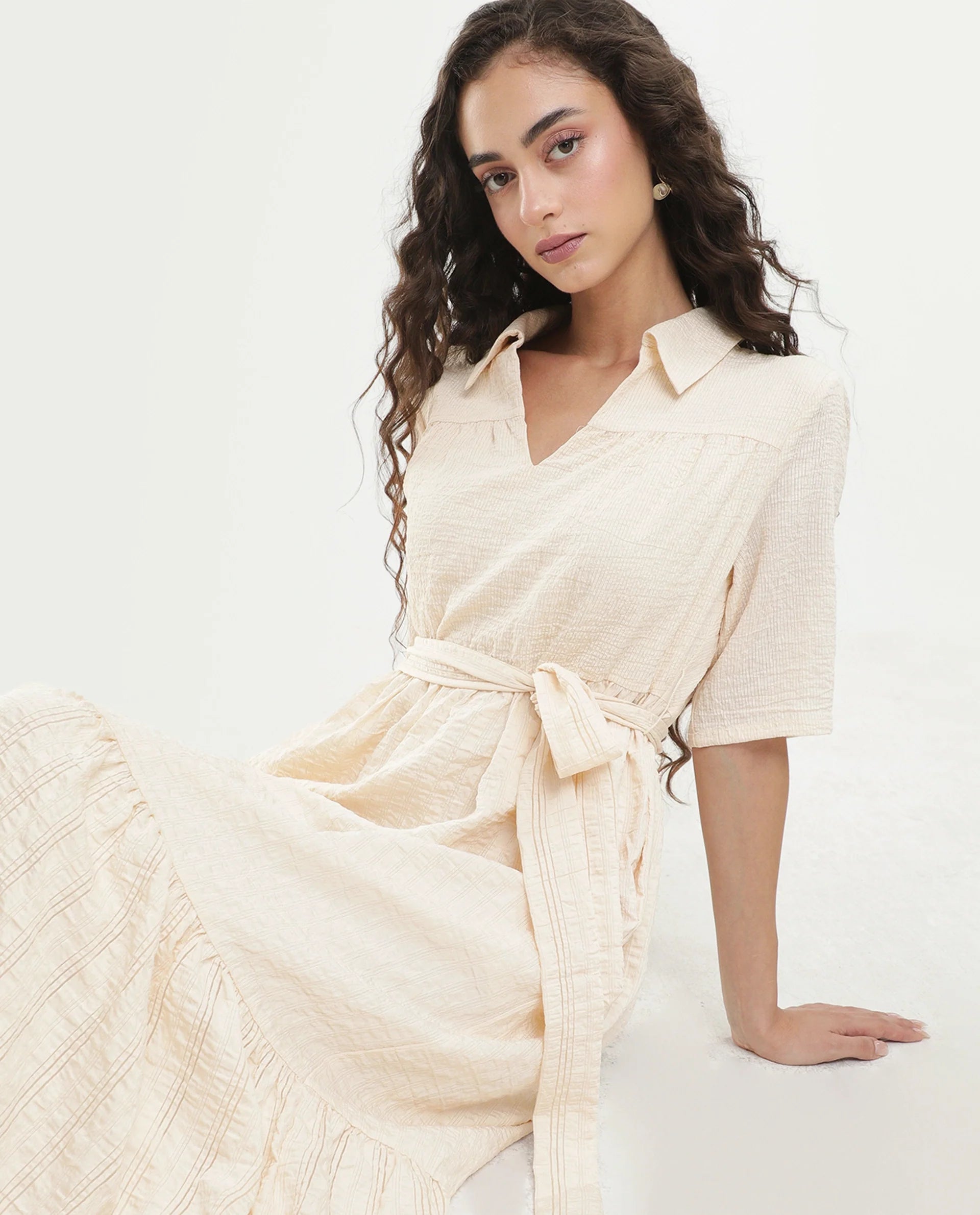 Rareism Women's Dilan Off White Viscose Blend Jonny Collar Pull-On Fit And Flare Plain Dress