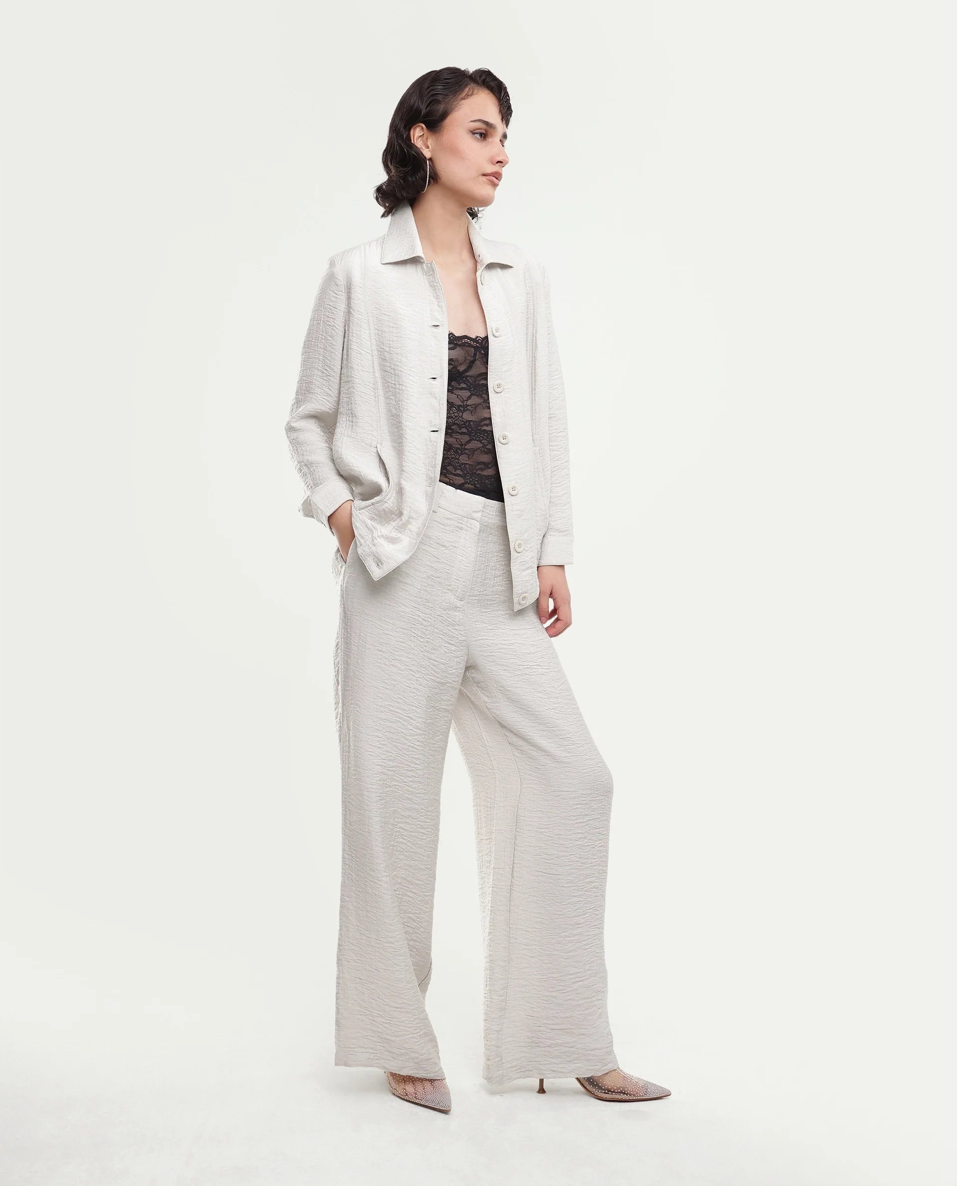 Rareism Women's Dion-B Off White Viscose Blend Button And Zip Straight Plain Trouser