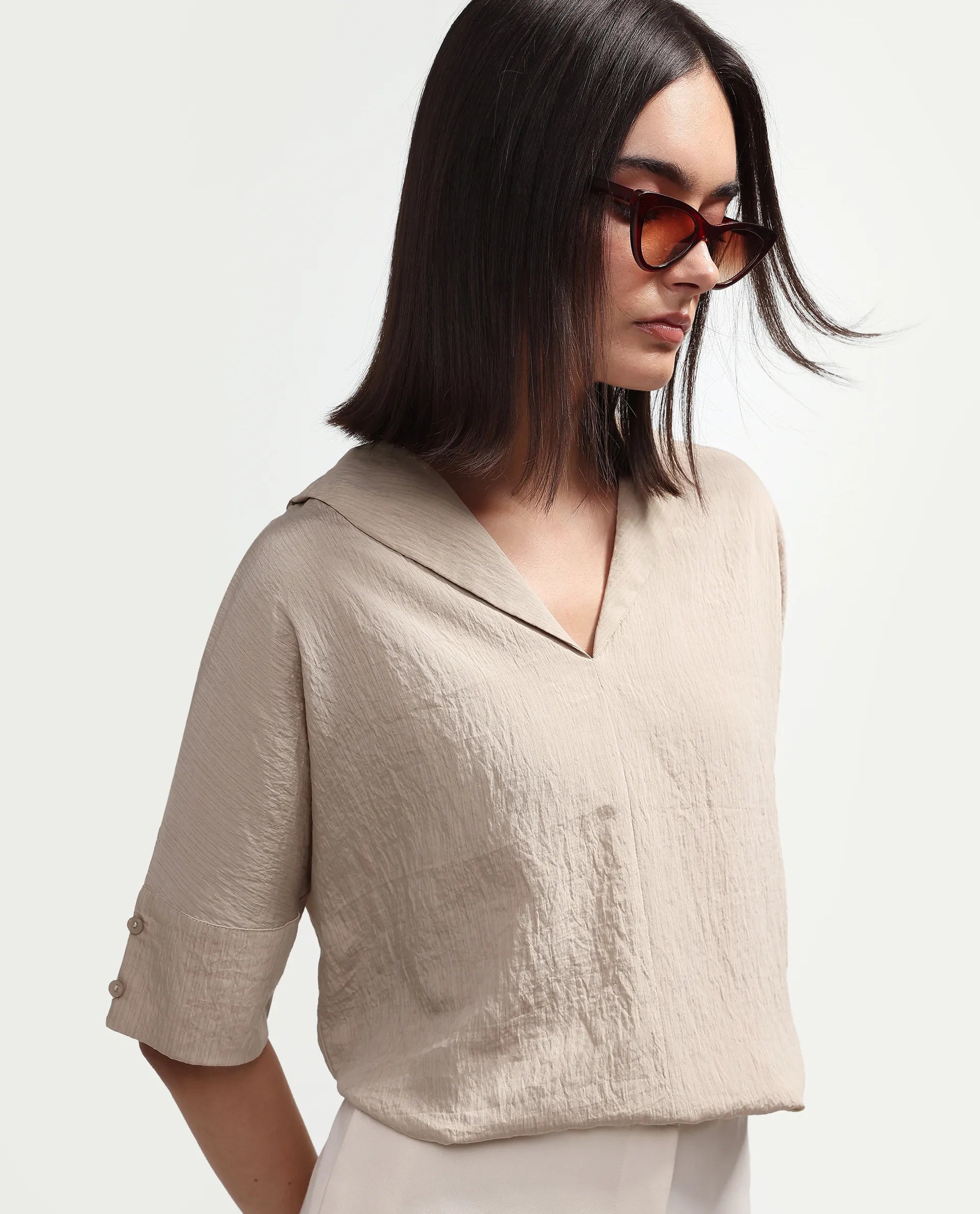 Rareism Women's Dira Beige Plain Viscose Blend Regular Short Sleeves Top