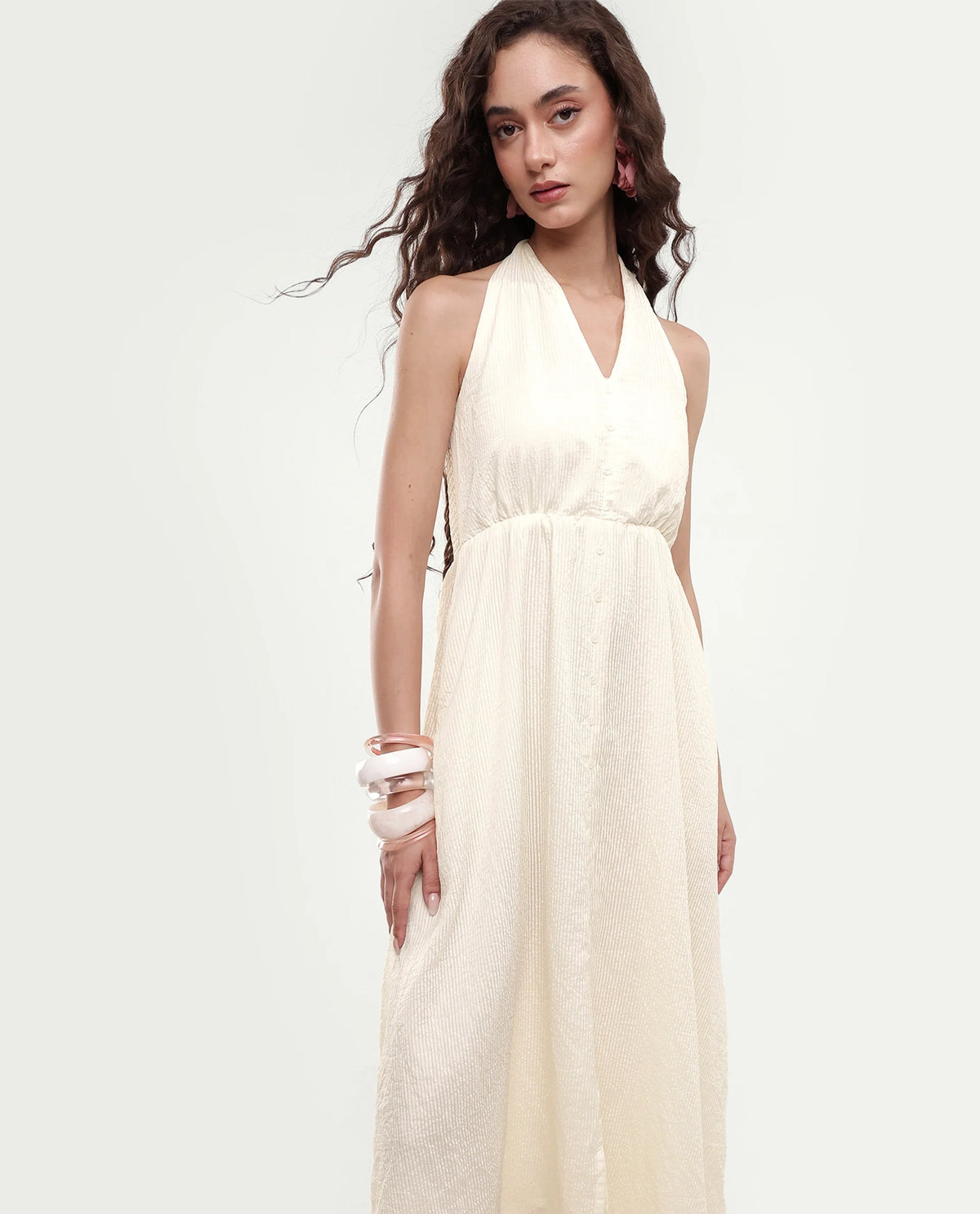 Rareism Women's Domaxa Off White Plain Viscose Blend Fit And Flare Sleeveless Dress