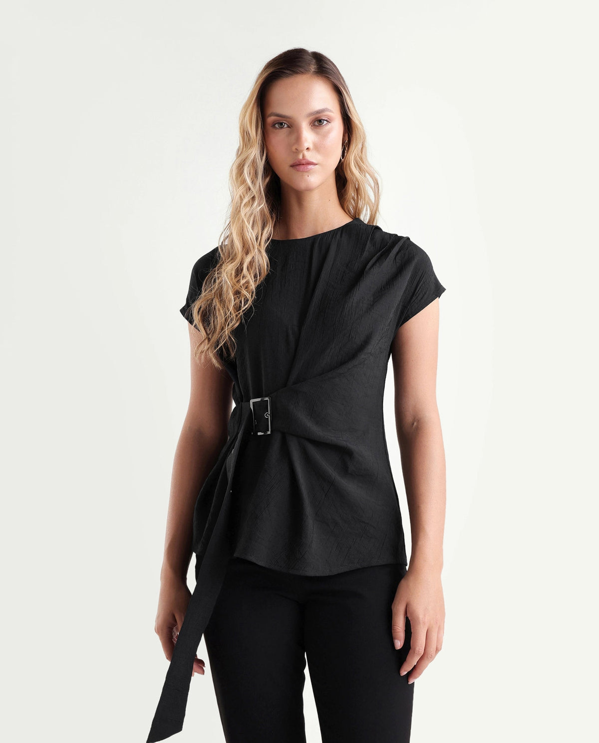 Rareism Women's Dusero Black Plain Viscose Blend Regular Short Sleeves Top