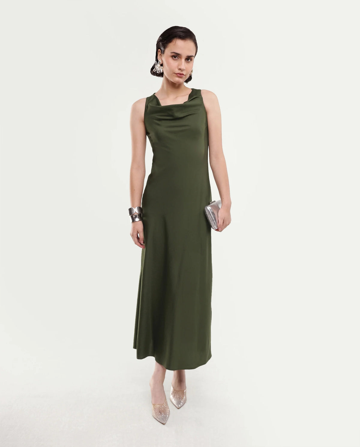 Rareism Women's Jenketss26 Olive Sleeveless Halter Neck Fit And Flare Plain Dress