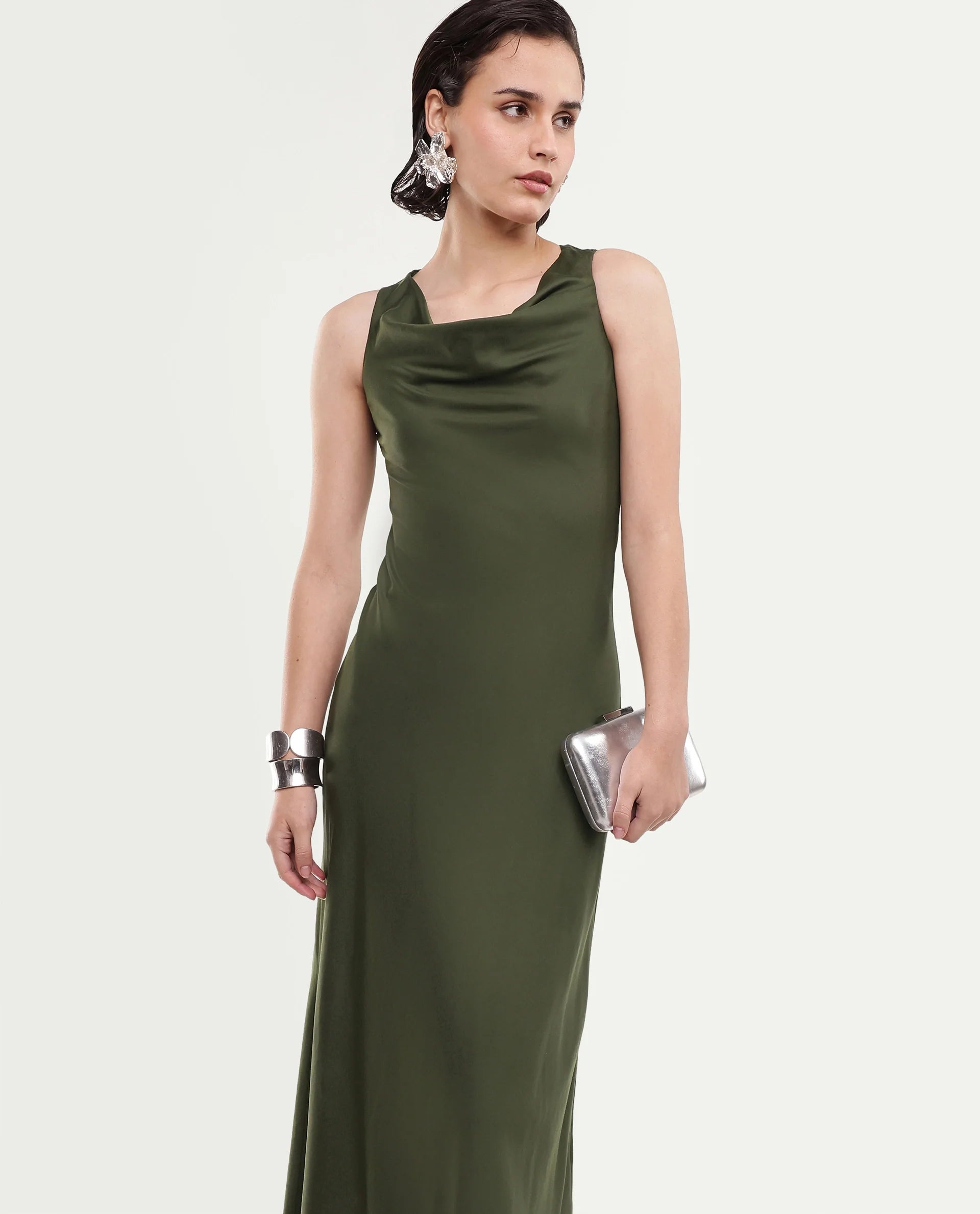 Rareism Women's Jenketss26 Olive Sleeveless Halter Neck Fit And Flare Plain Dress