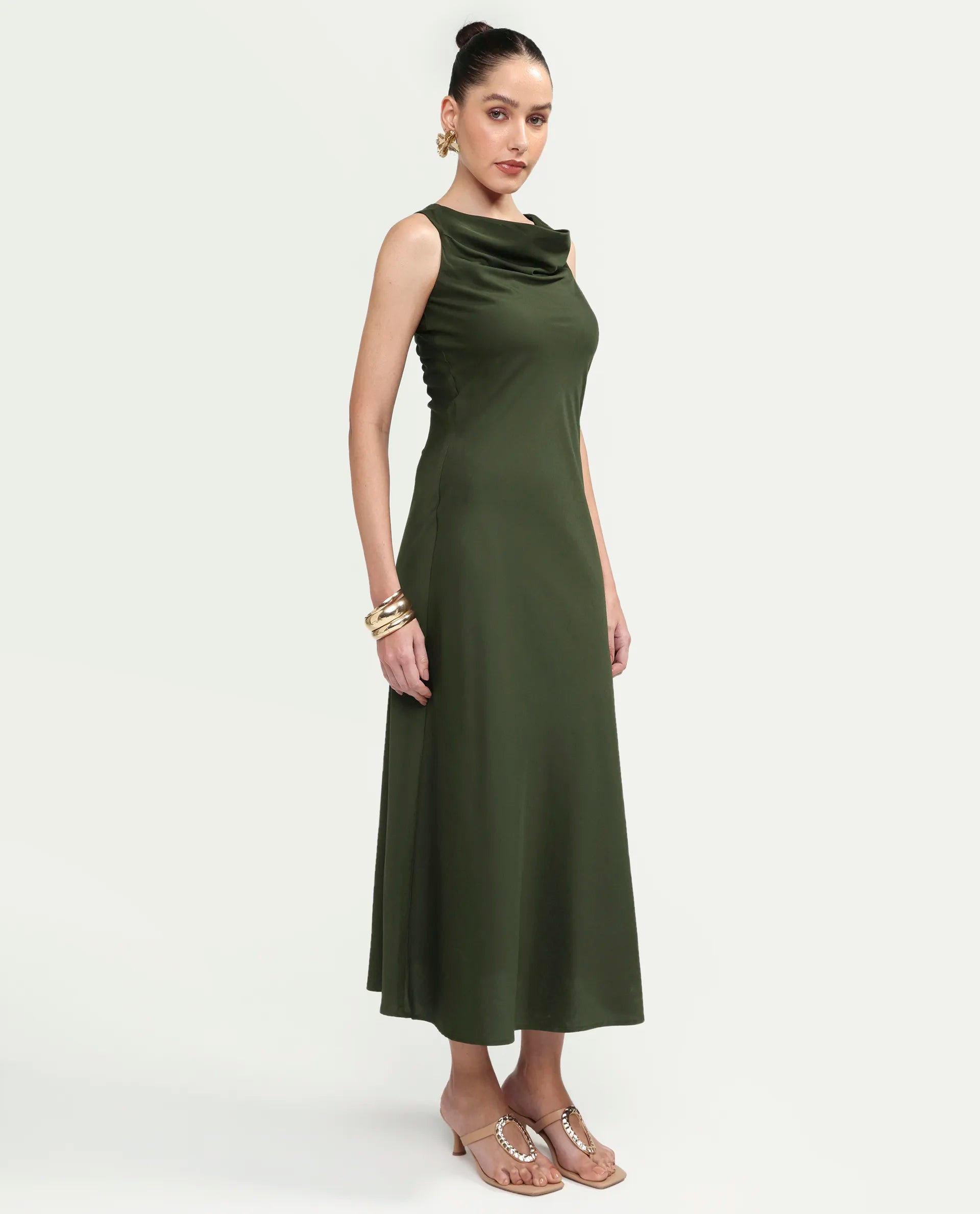Rareism Women's Jenketss26 Olive Sleeveless Halter Neck Fit And Flare Plain Dress