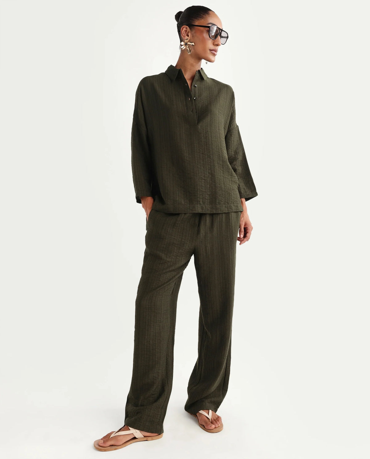 Rareism Women's Dano-T Olive Viscose Blend Jonny Collar Pull-On Oversized Plain Top