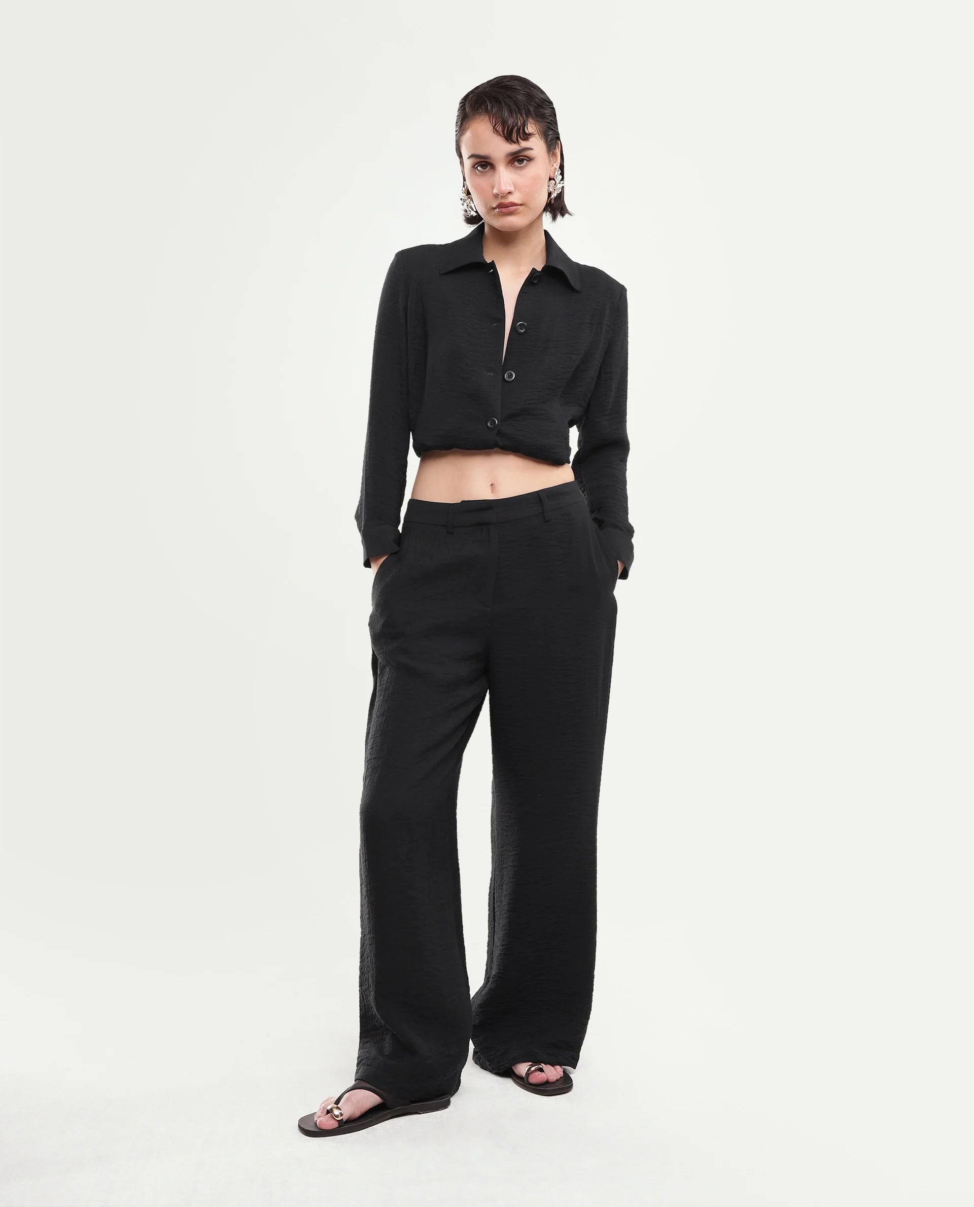 Rareism Women's Dion-B Black Viscose Blend Button And Zip Straight Plain Trouser