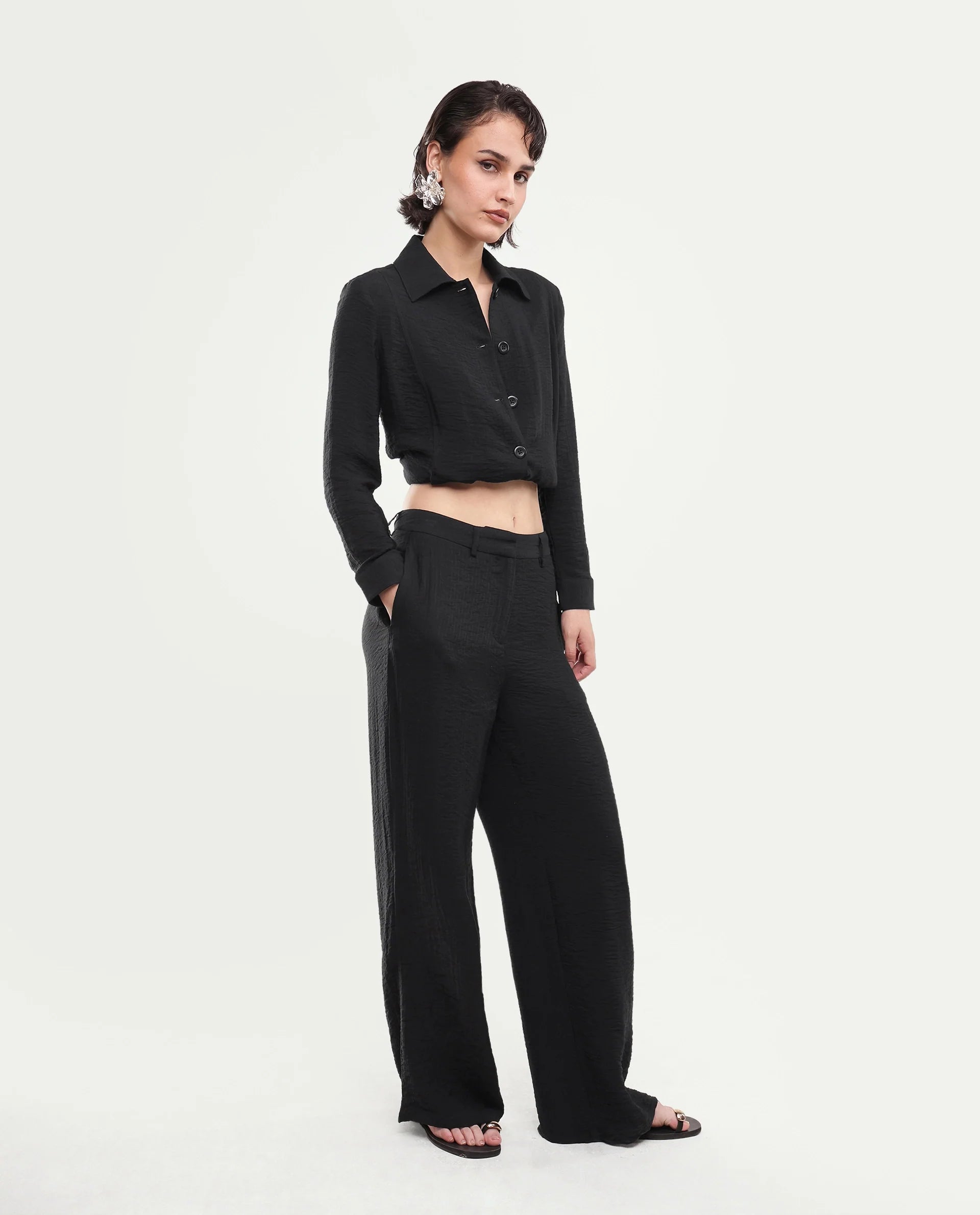 Rareism Women's Dion-B Black Viscose Blend Button And Zip Straight Plain Trouser