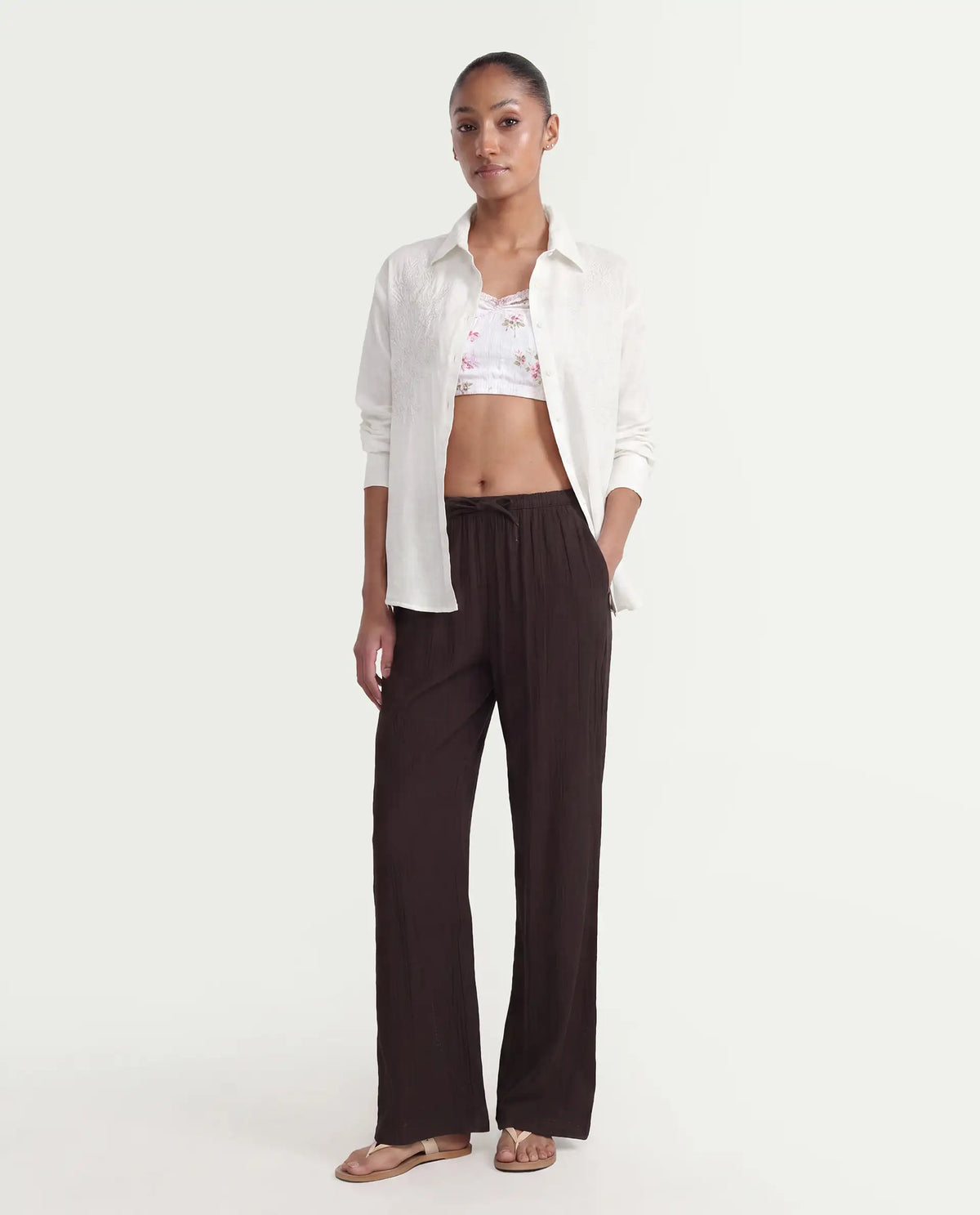 Rareism Women's Duniq Dark Brown Plain Viscose Blend Straight Regular Length Trouser