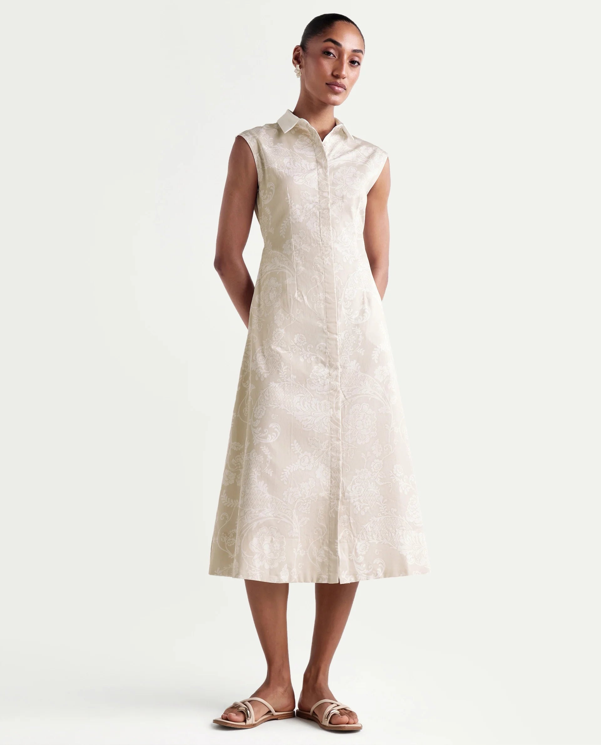 Rareism Women's Kasimo Beige Cotton Spread Collar Button Regular Ornamental Print Dress