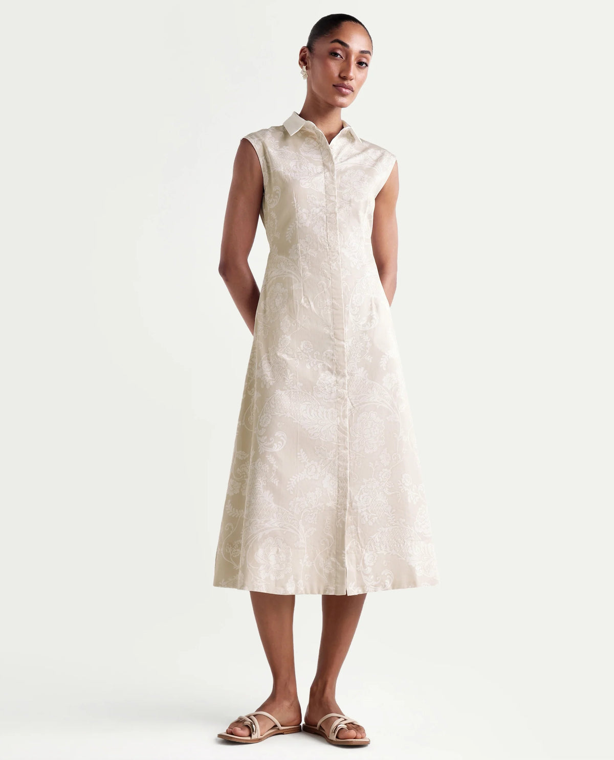 Rareism Women's Kasimo Beige Cotton Spread Collar Button Regular Ornamental Print Dress