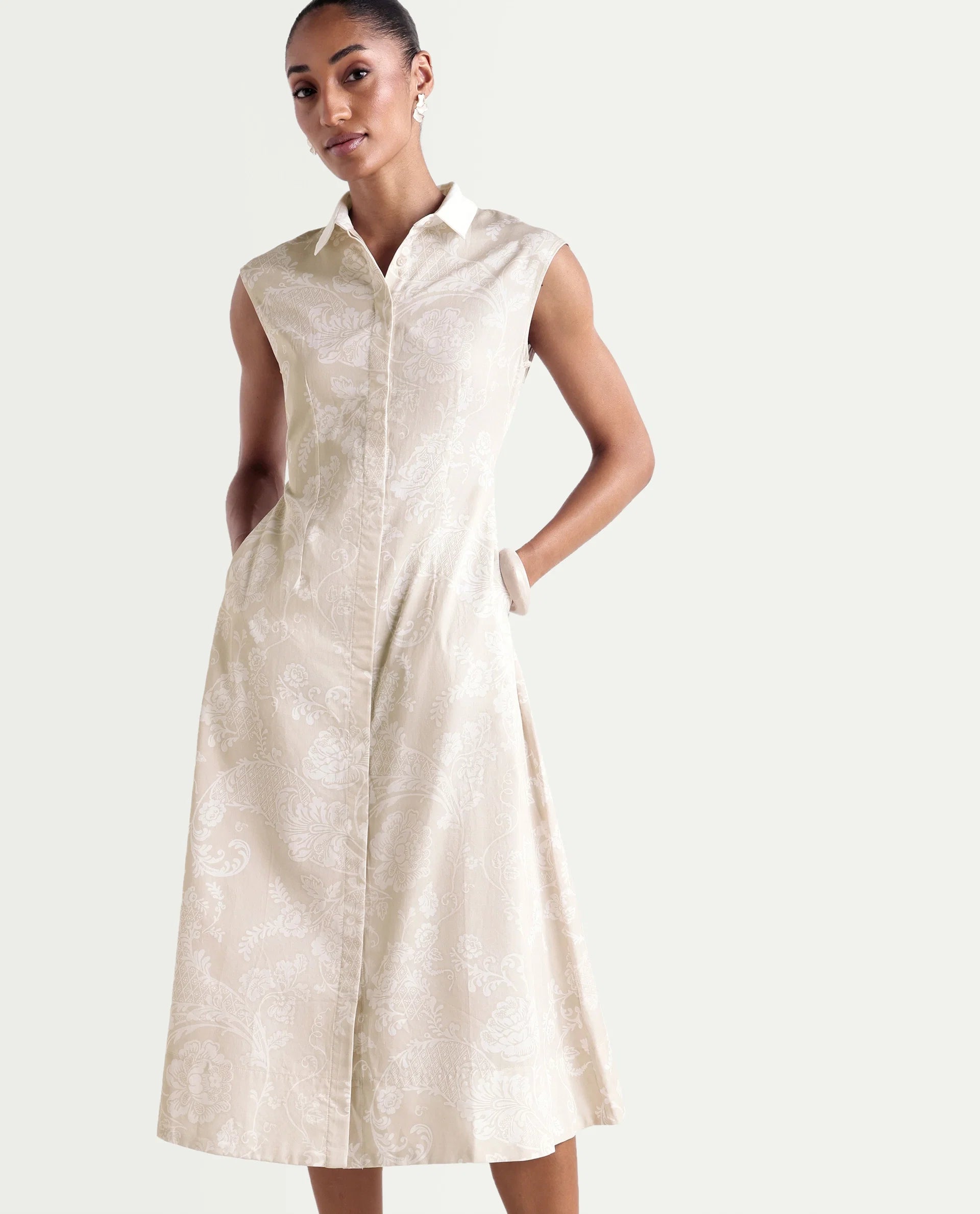 Rareism Women's Kasimo Beige Cotton Spread Collar Button Regular Ornamental Print Dress